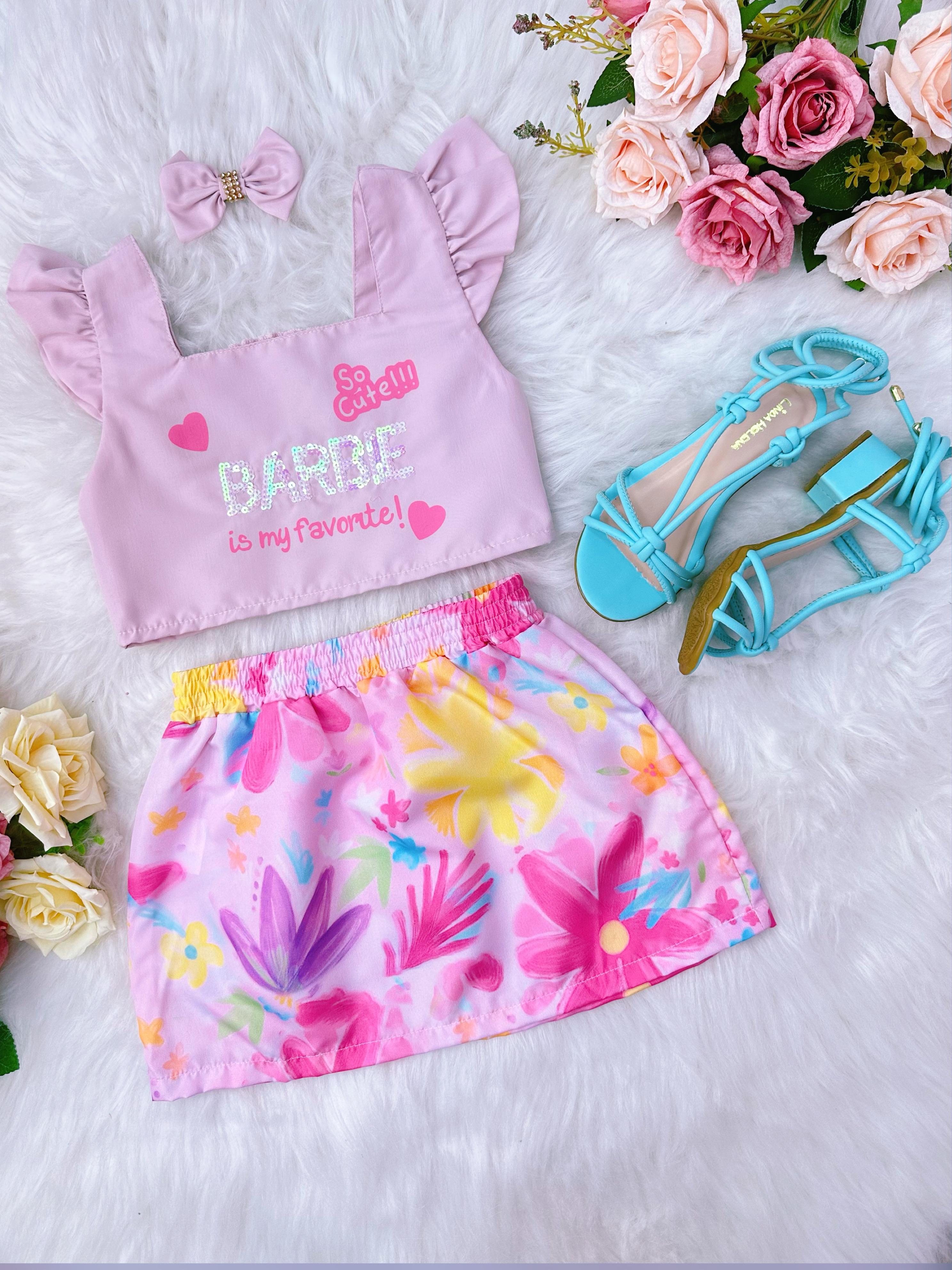 Conjunto Infantil da Barbie Rosa C/ Saia Colorido e Laço Casual