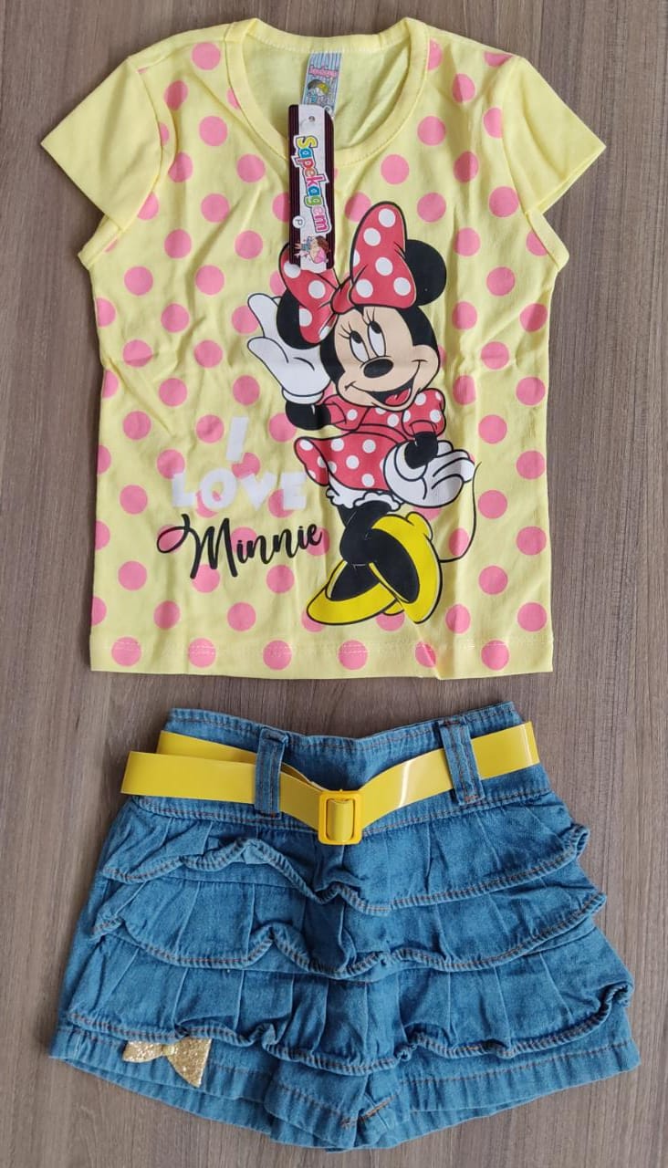 Conjunto Infantil da Minnie Blusinha Amarela Bolinhas Rosa