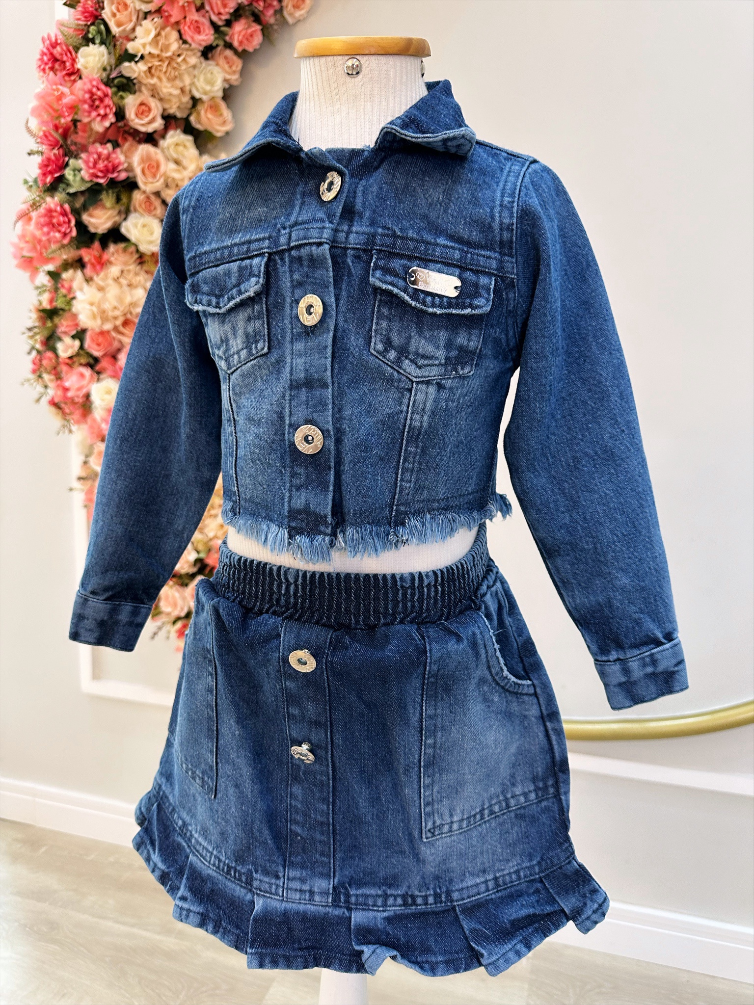 Conjunto Infantil Jaqueta e Saia Jeans Azul Casual