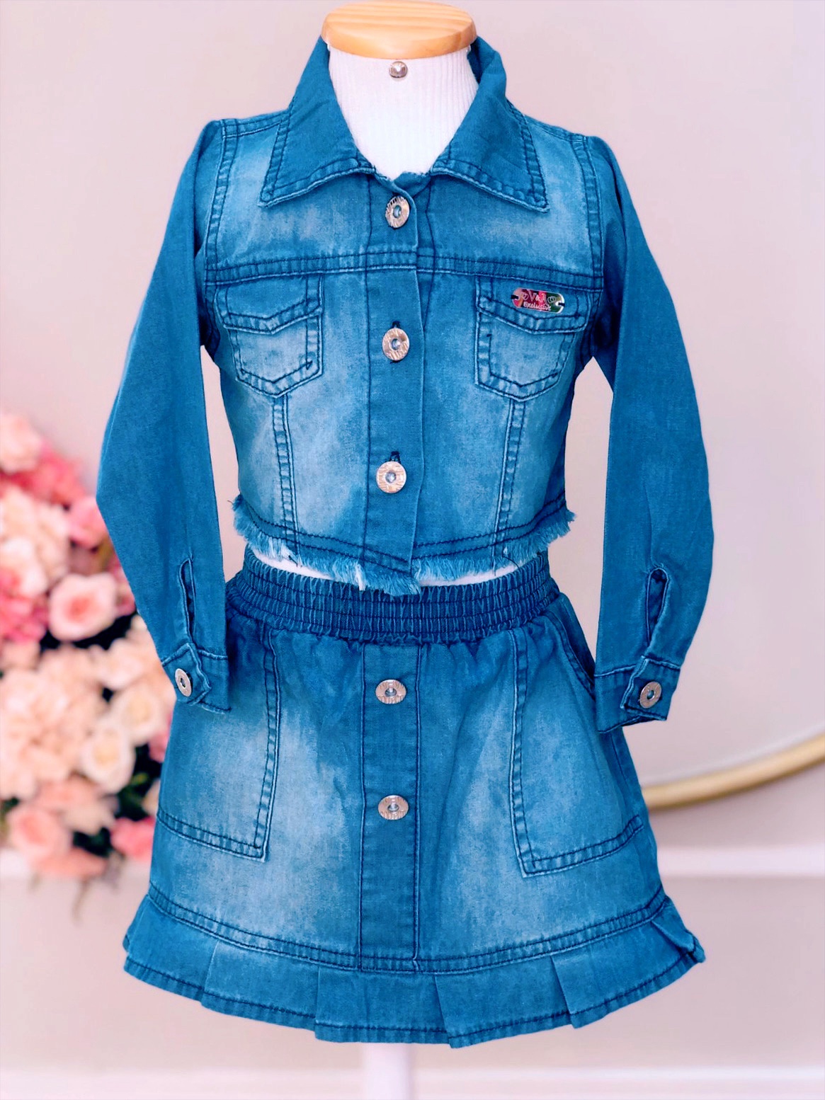 Conjunto Infantil Jaqueta e Saia Jeans Azul Luxo