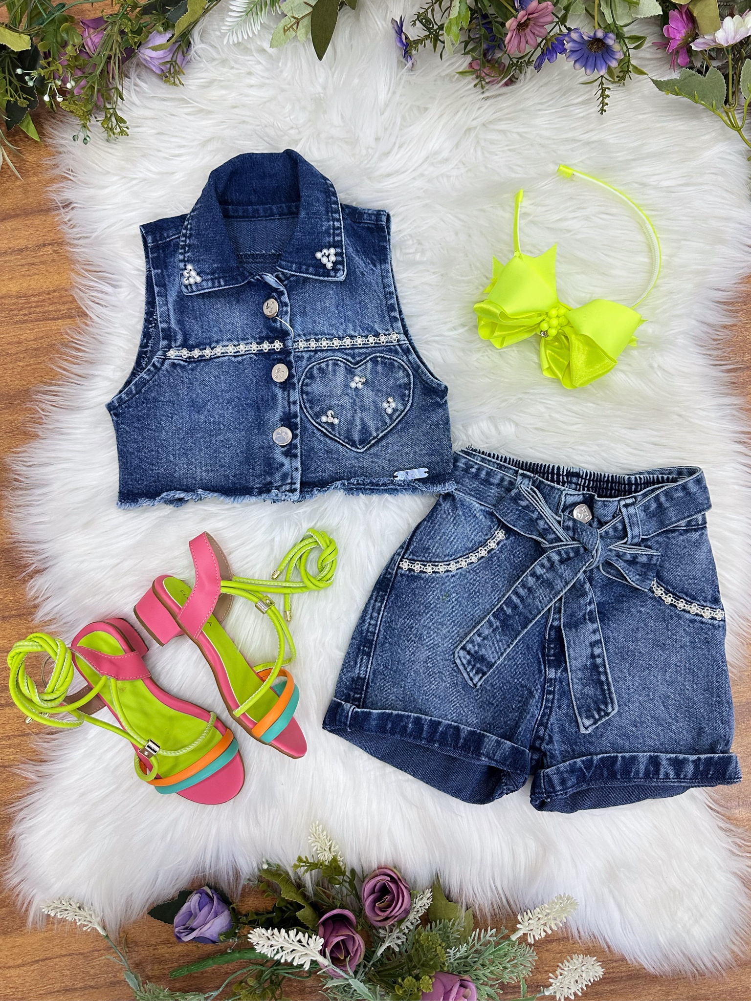 Conjunto Infantil Jaqueta e Short Jeans Azul Boiadeira Casual