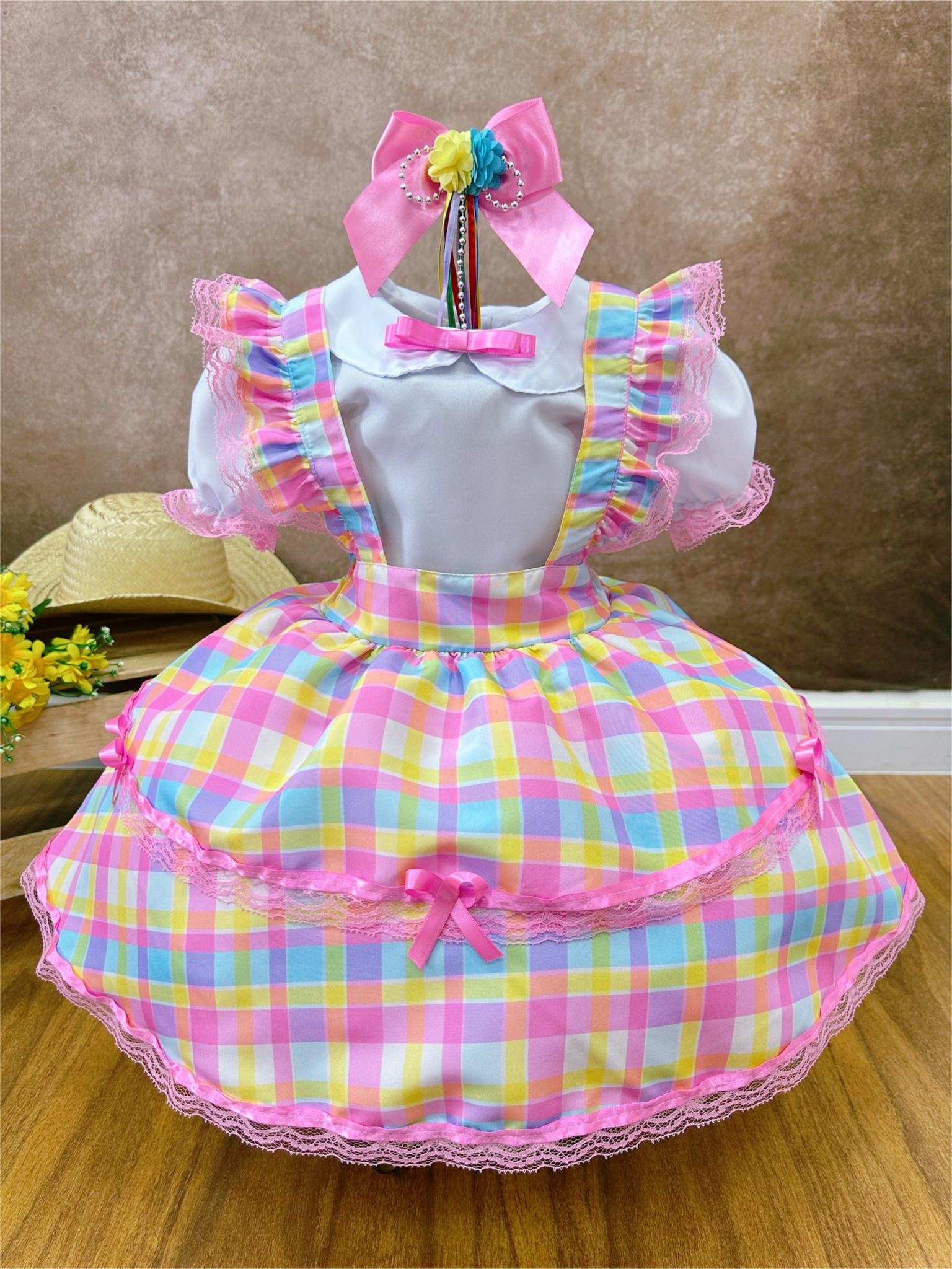 Conjunto Infantil Junino Camisa e Salopete Xadrez Rosa Estampado