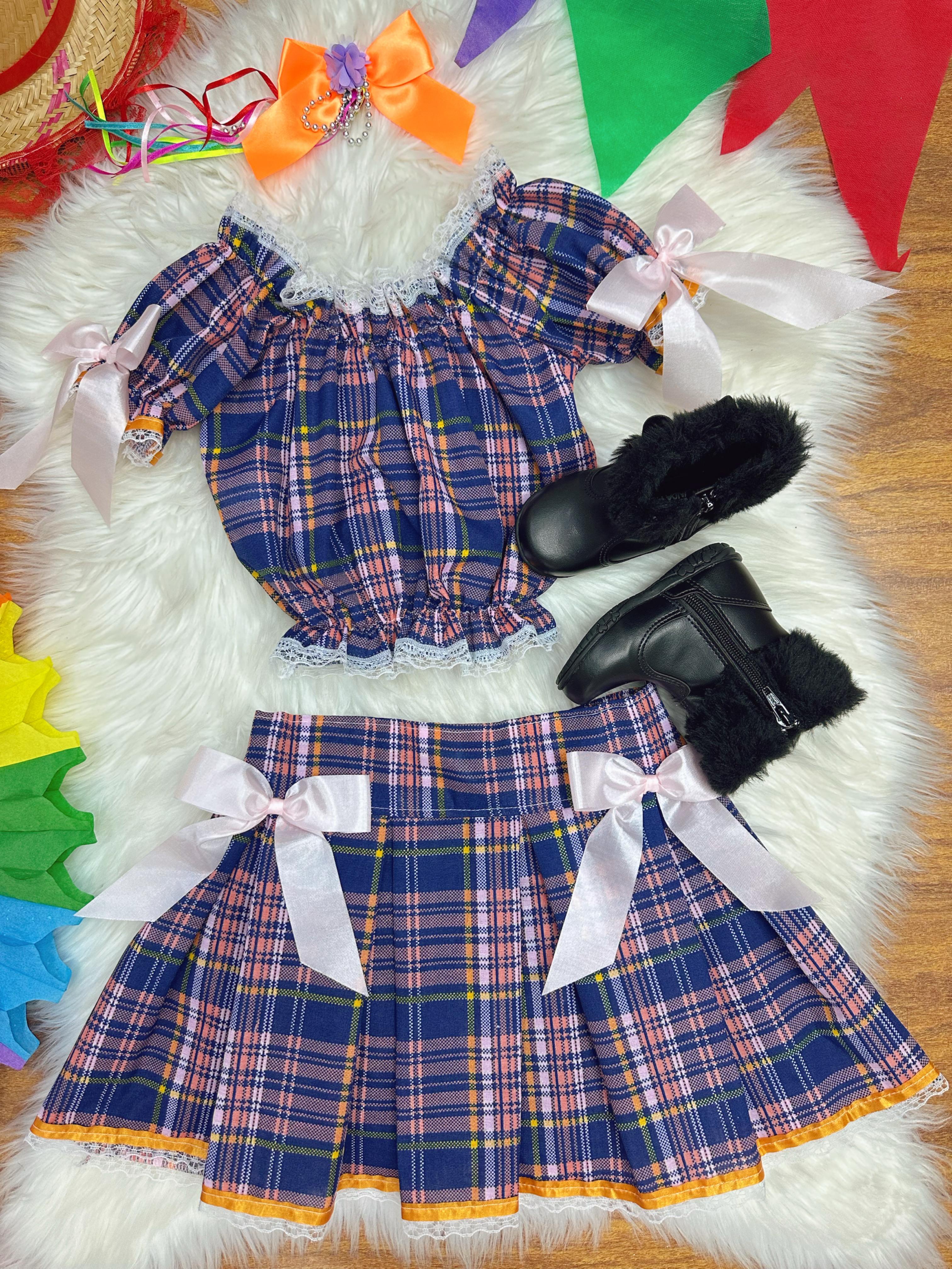 Conjunto Infantil Junino Ciganinha Azul Escuro Xadrez Colorido