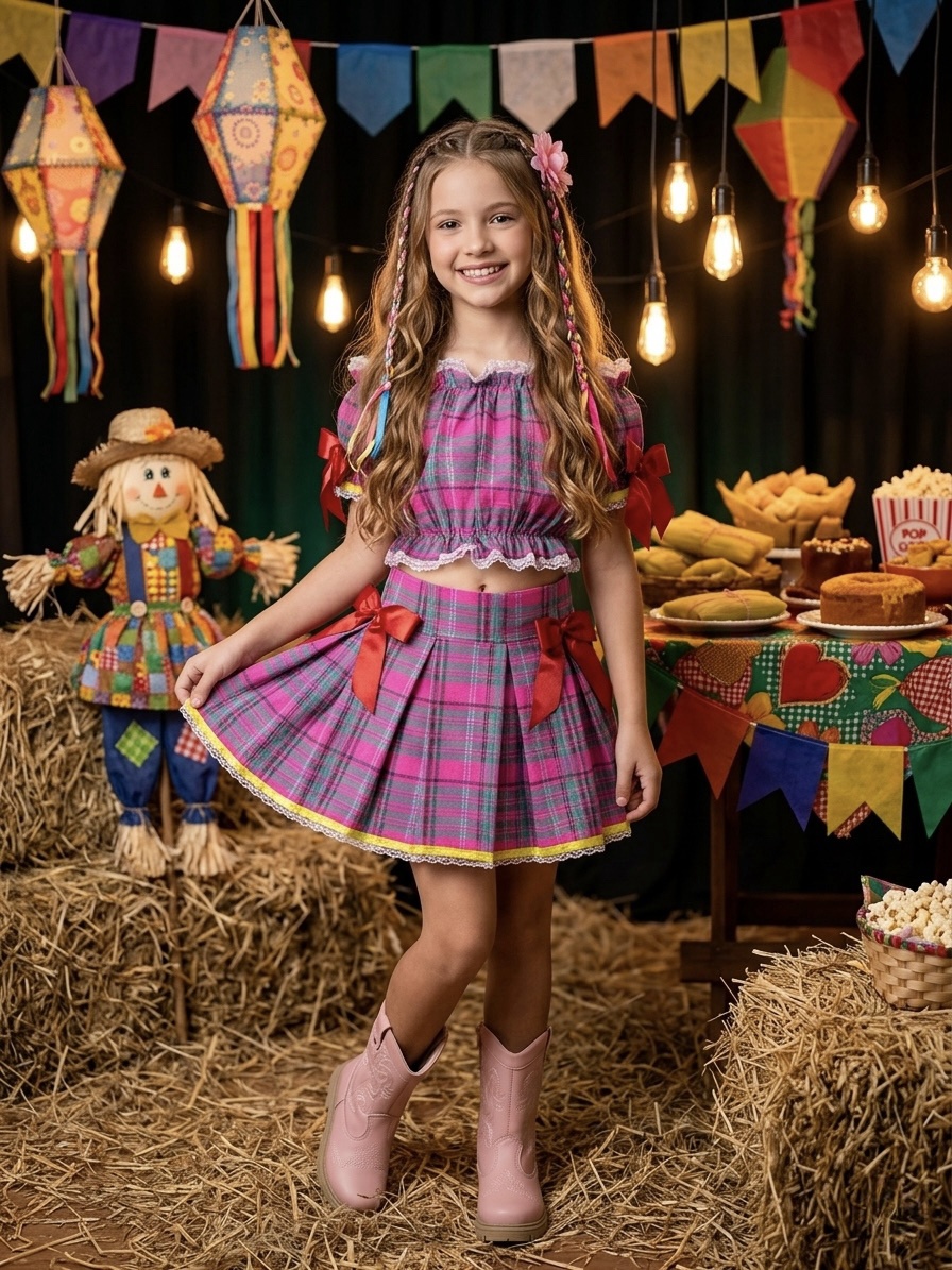 Conjunto Infantil Junino Ciganinha Rosa Chiclete Xadrez Colorido