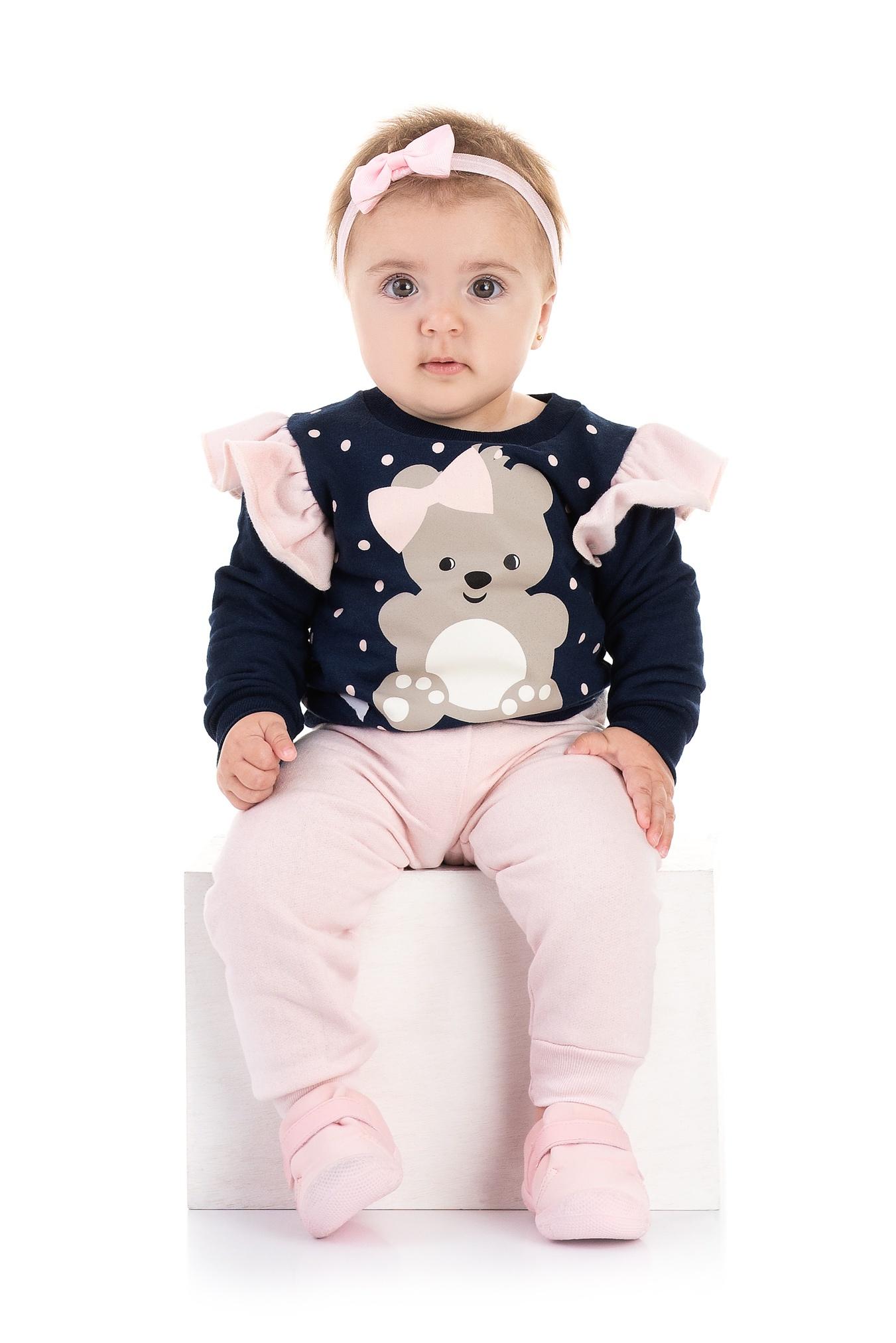 Conjunto Infantil Moletom Flanelado Azul Marinho e Rosa Ursinho