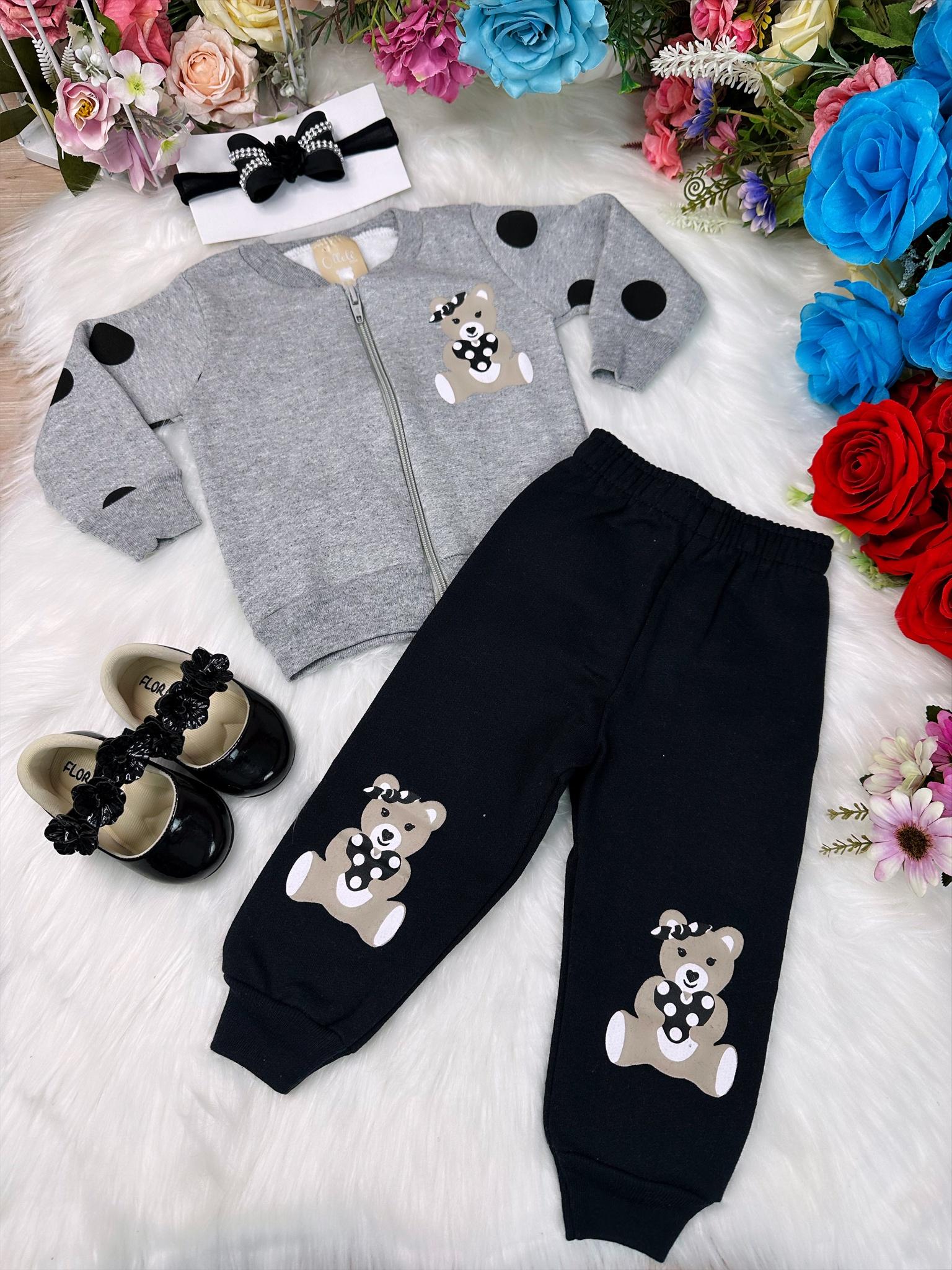 Conjunto Infantil Moletom Flanelado Cinza e Preto C/ Zíper Ursinho