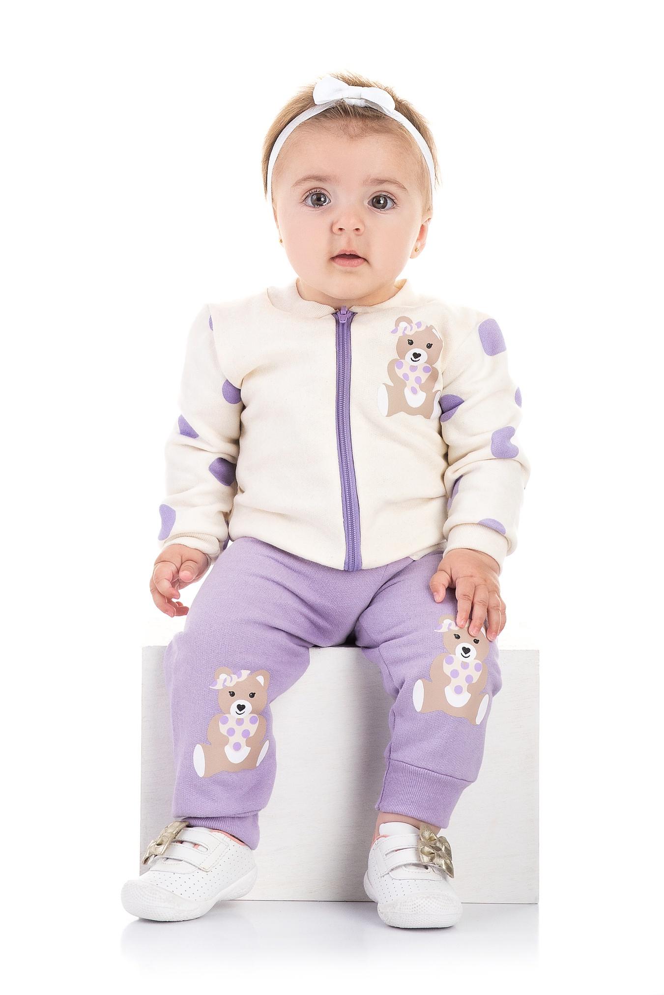 Conjunto Infantil Moletom Flanelado Off White Lilás Zíper Ursinho