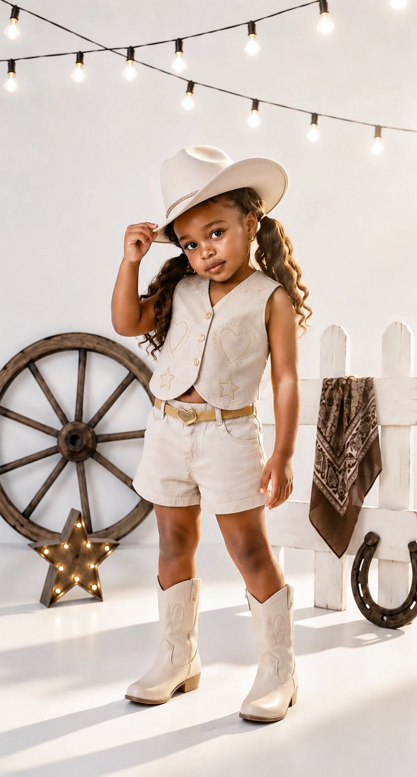 Conjunto Infantil Sarja Bege Colete e Short C/ Cinto Boiadeira Country