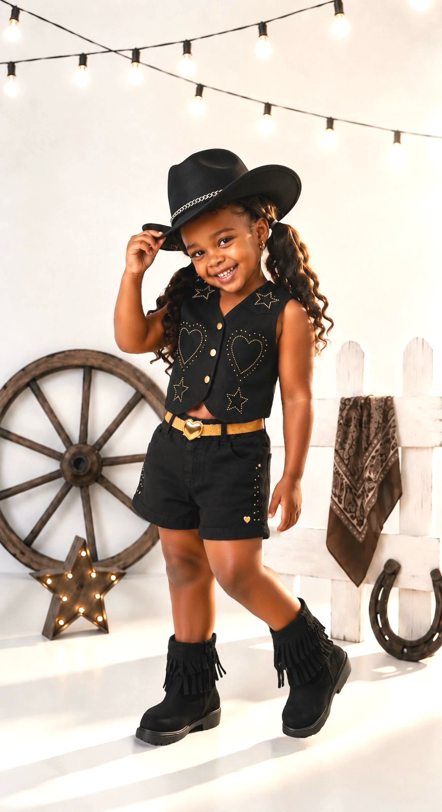 Conjunto Infantil Sarja Preto Colete e Short C/ Cinto Boiadeira Country