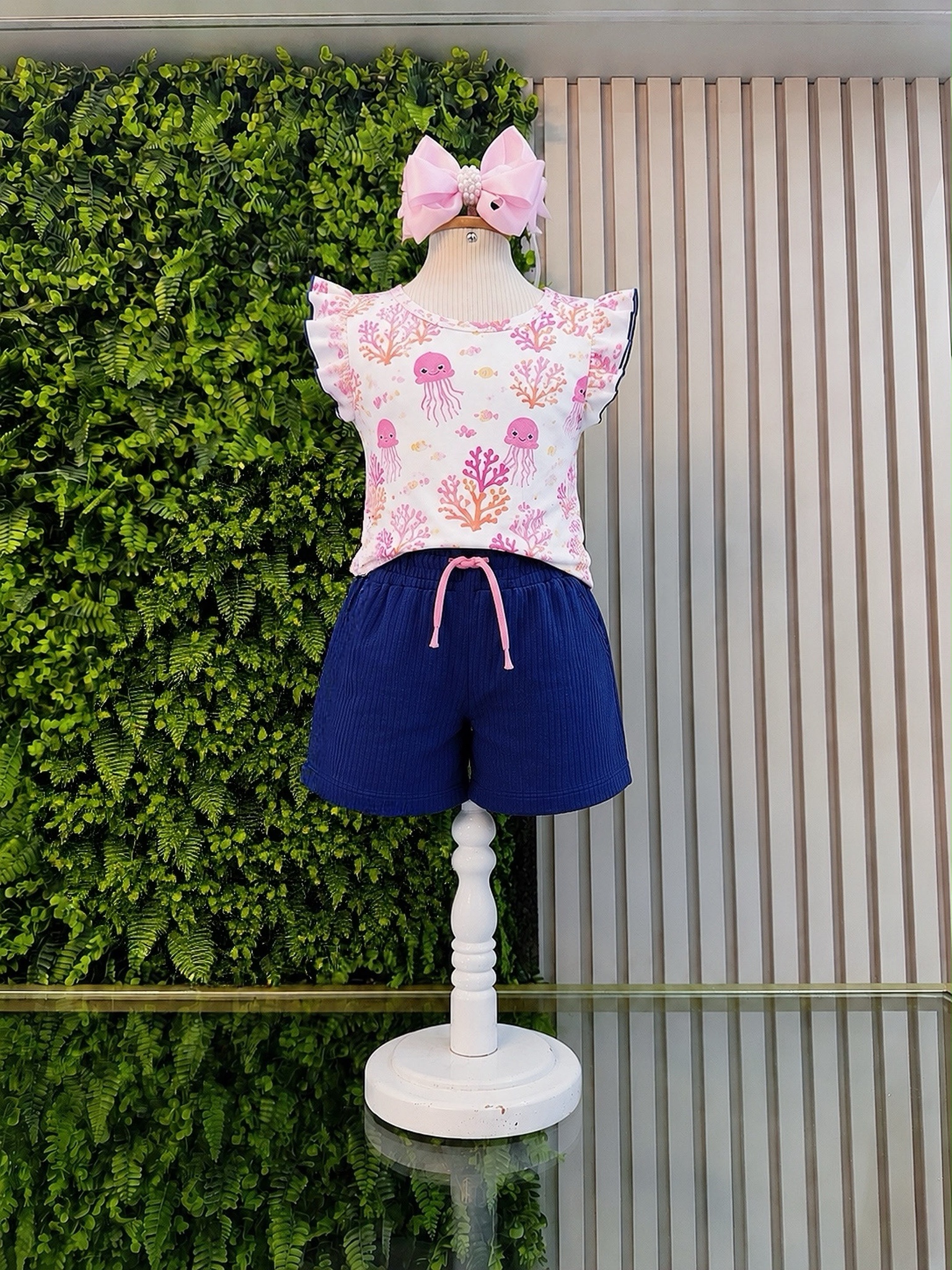 Conjunto Meninas Blusa Cropped Fundo do Mar e Shorts Fru-Fru