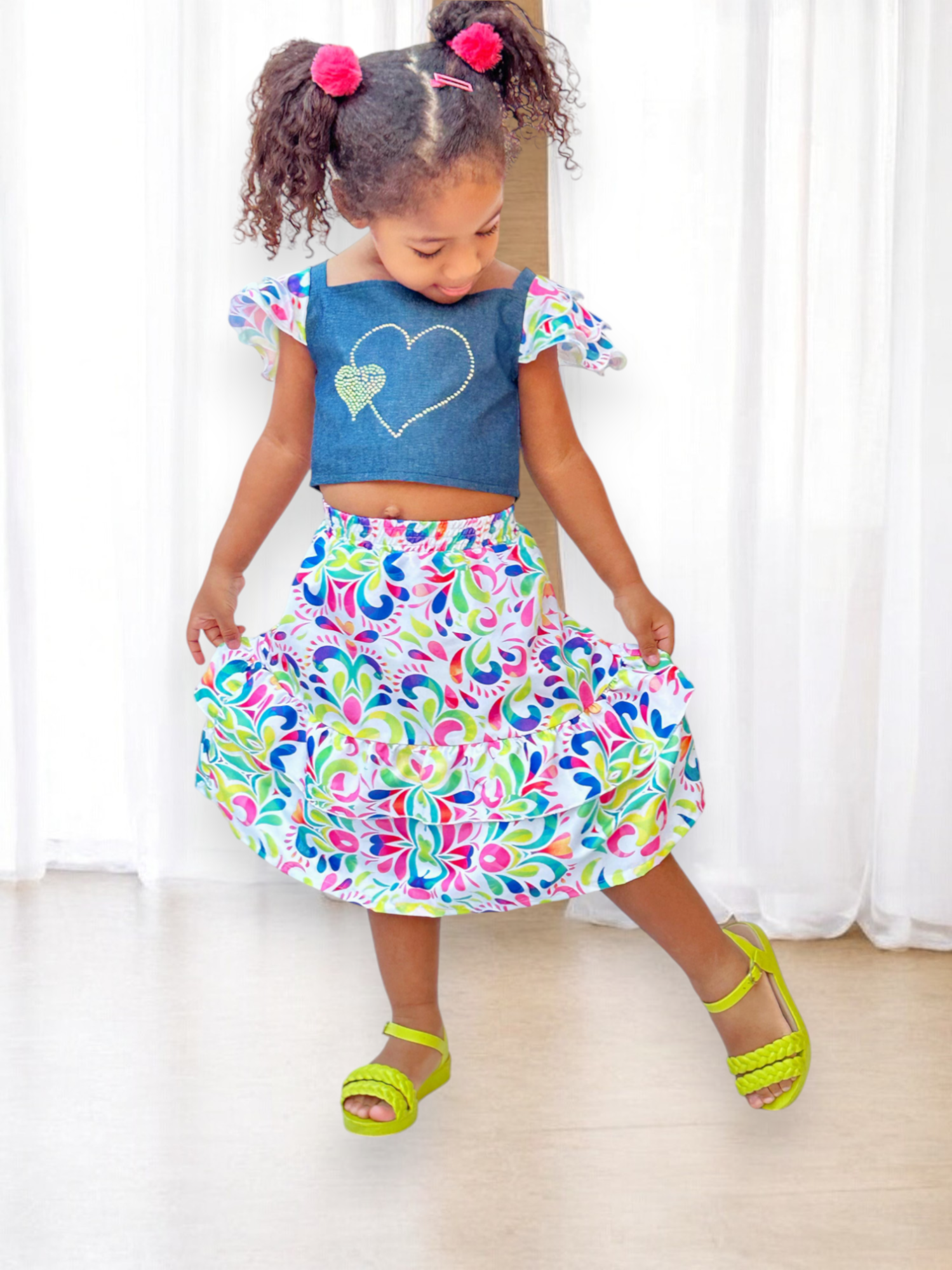 Conjunto Meninas Blusa Jeans e Saia Colorida Luxo Casual