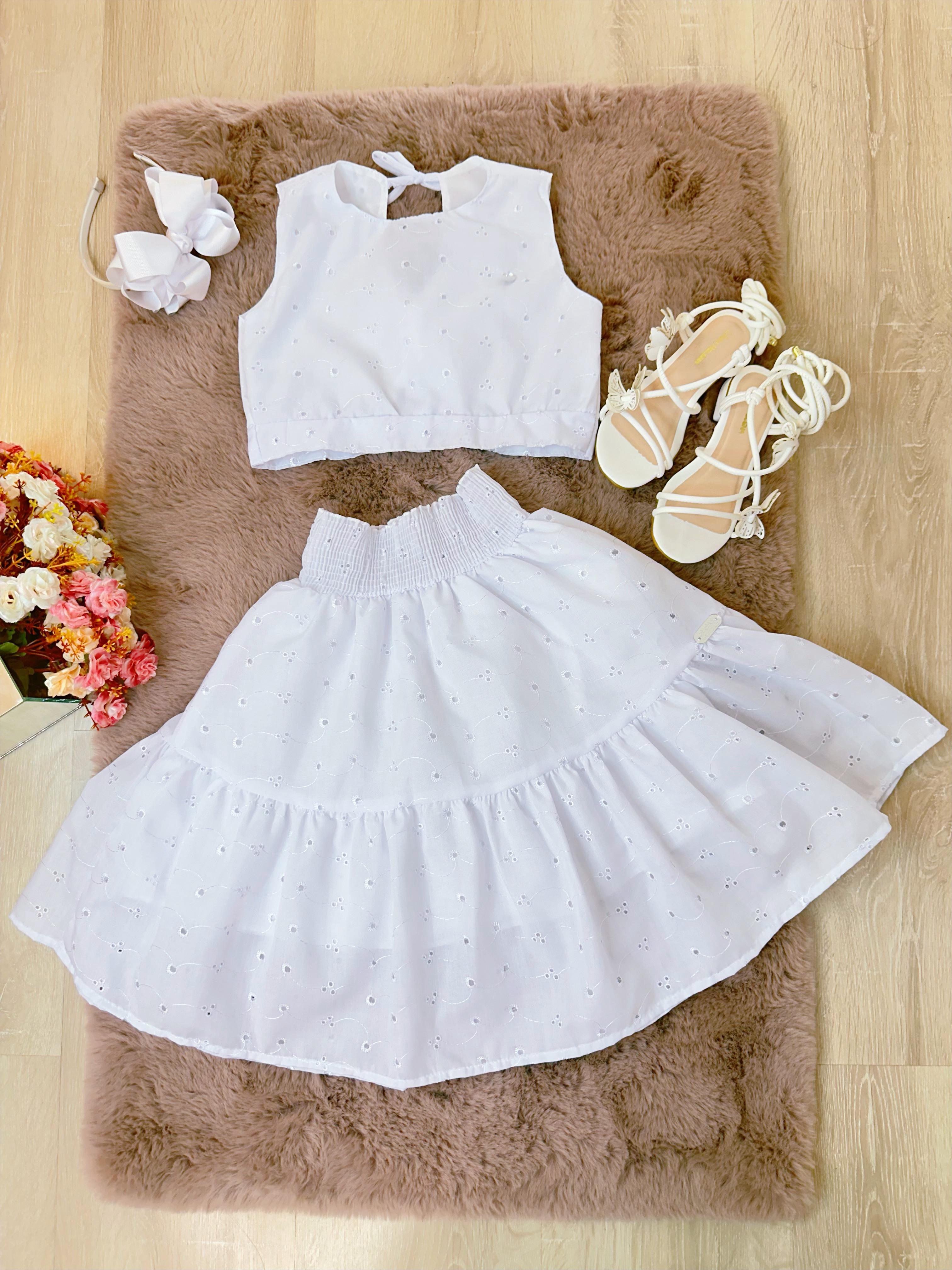 Conjunto Meninas Branco Cropped e Saia Midi Casual Luxo