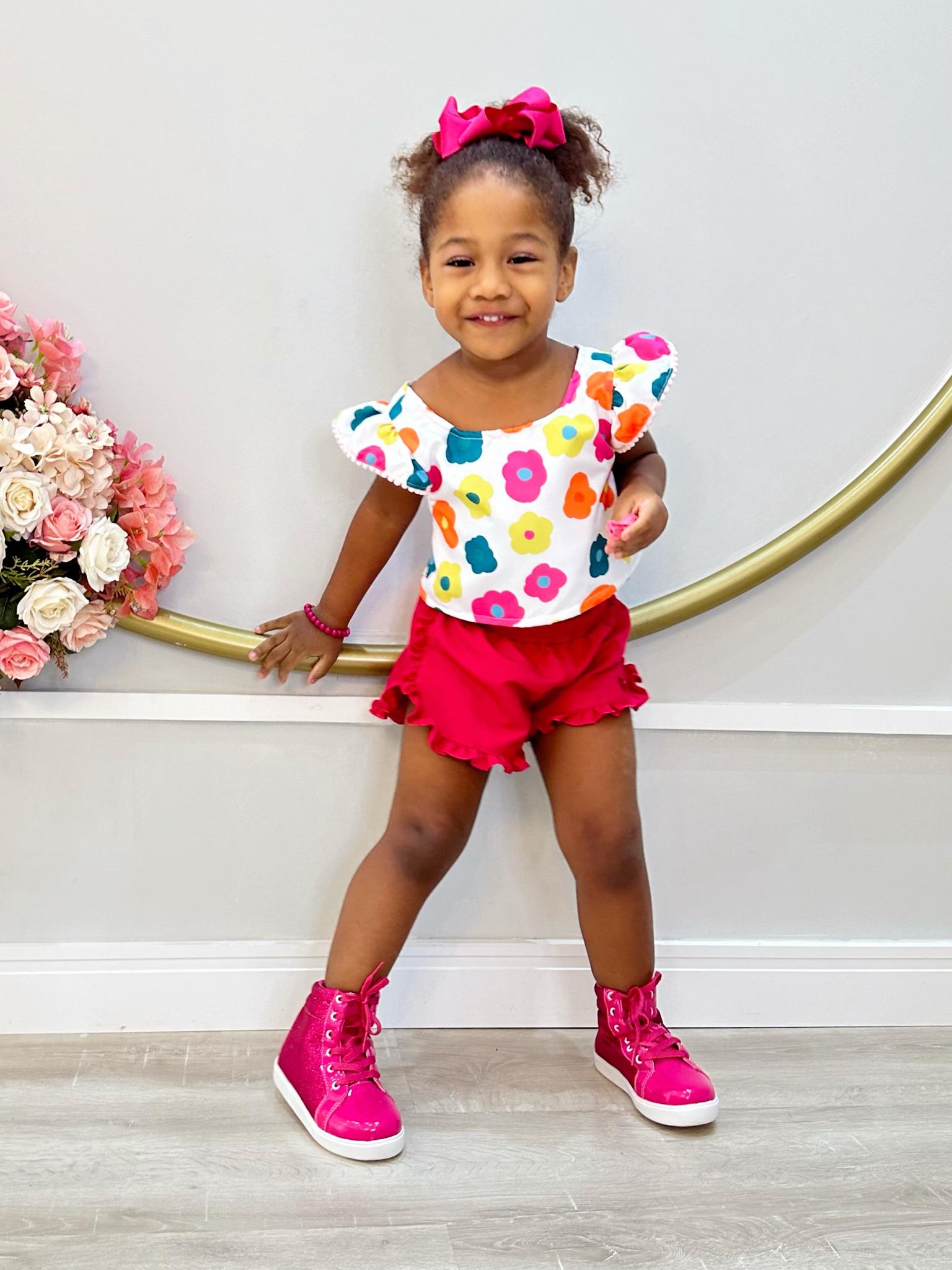 Conjunto Meninas Branco Florido C/ Short Pink e Pulseira Casual