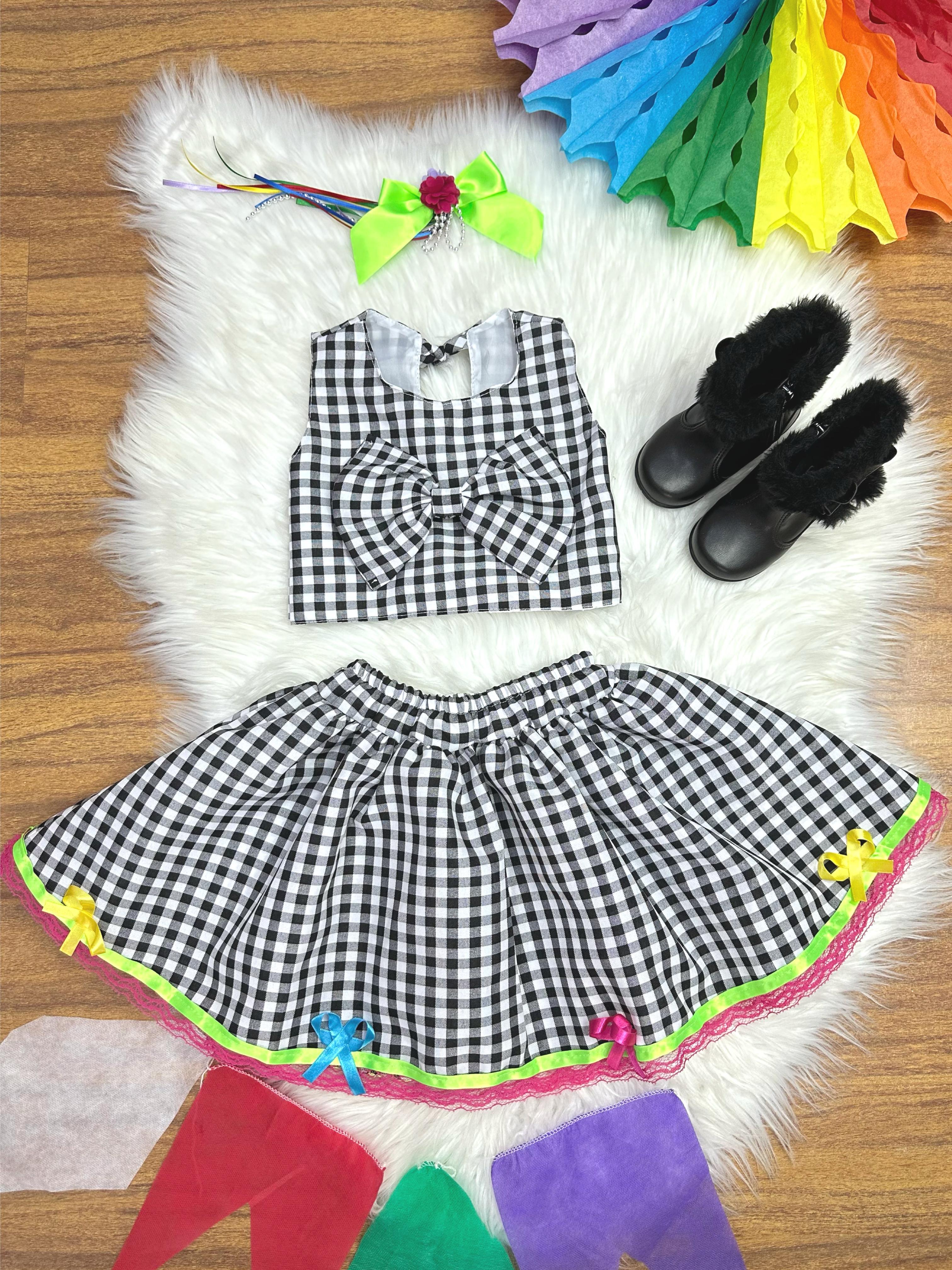 Conjunto Meninas Junino Caipira Preto Xadrez Cropped Com Saia
