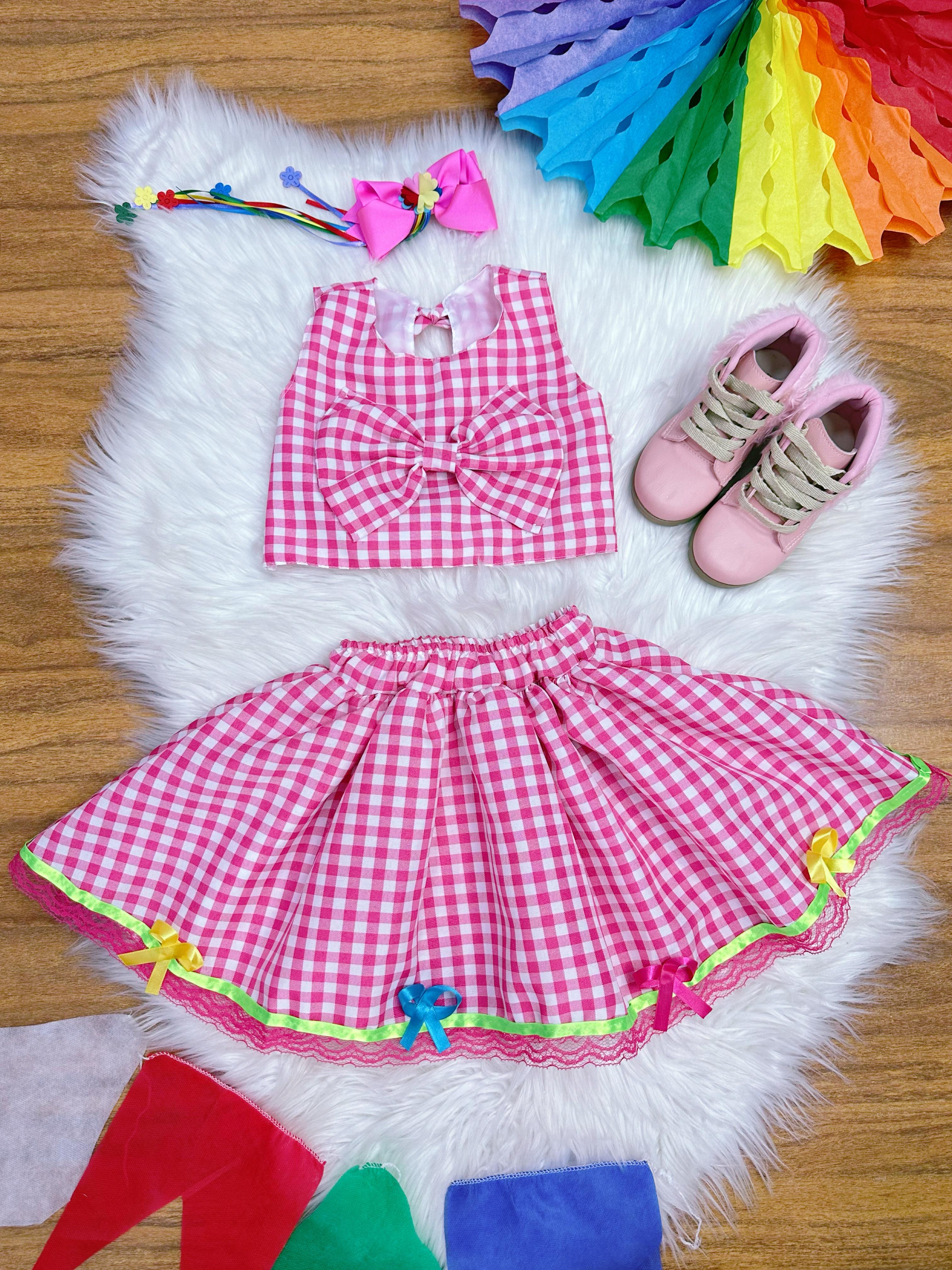 Conjunto Meninas Junino Caipira Rosa Xadrez Cropped Com Saia