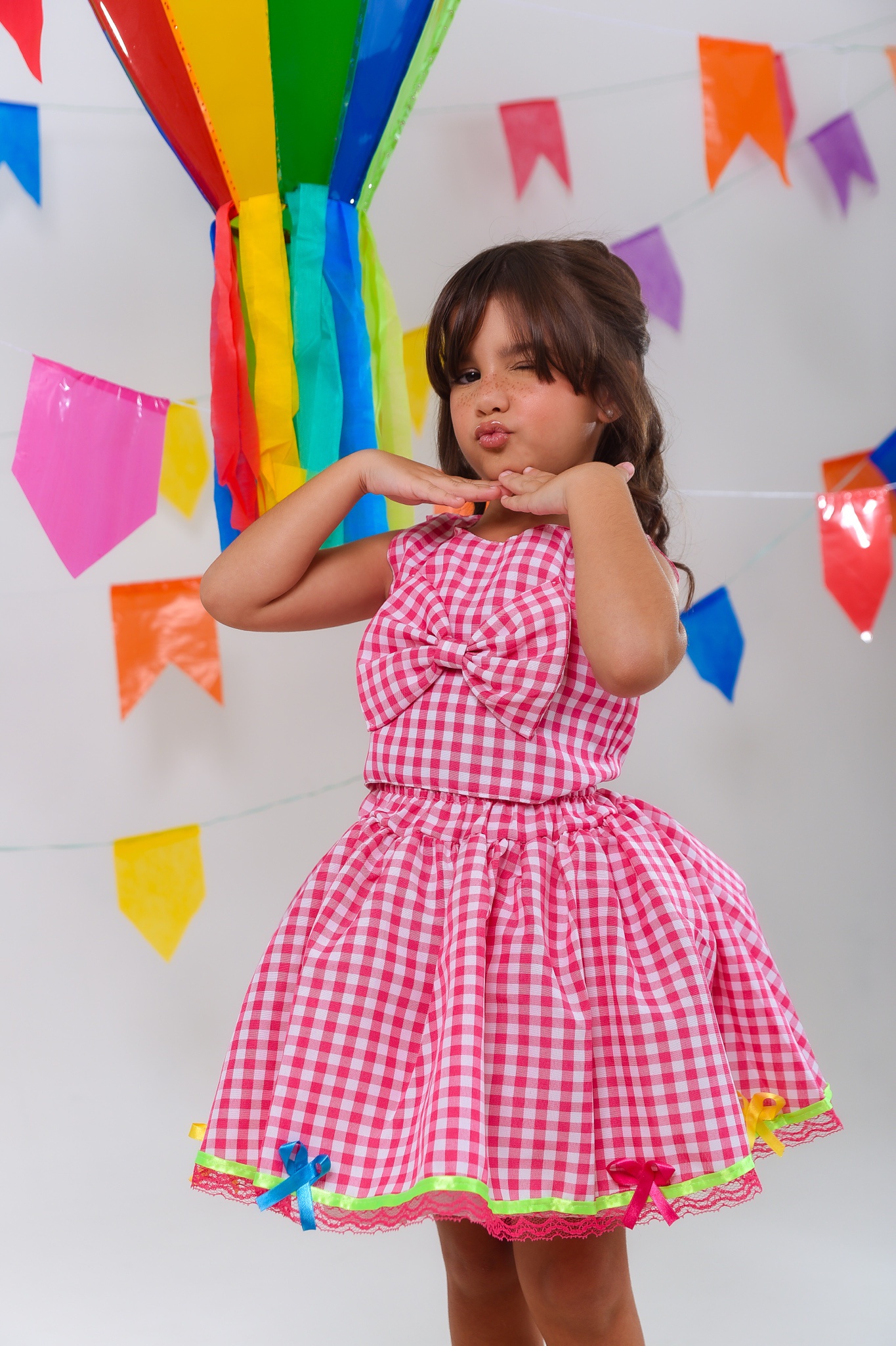 Conjunto Meninas Junino Caipira Rosa Xadrez Cropped Com Saia
