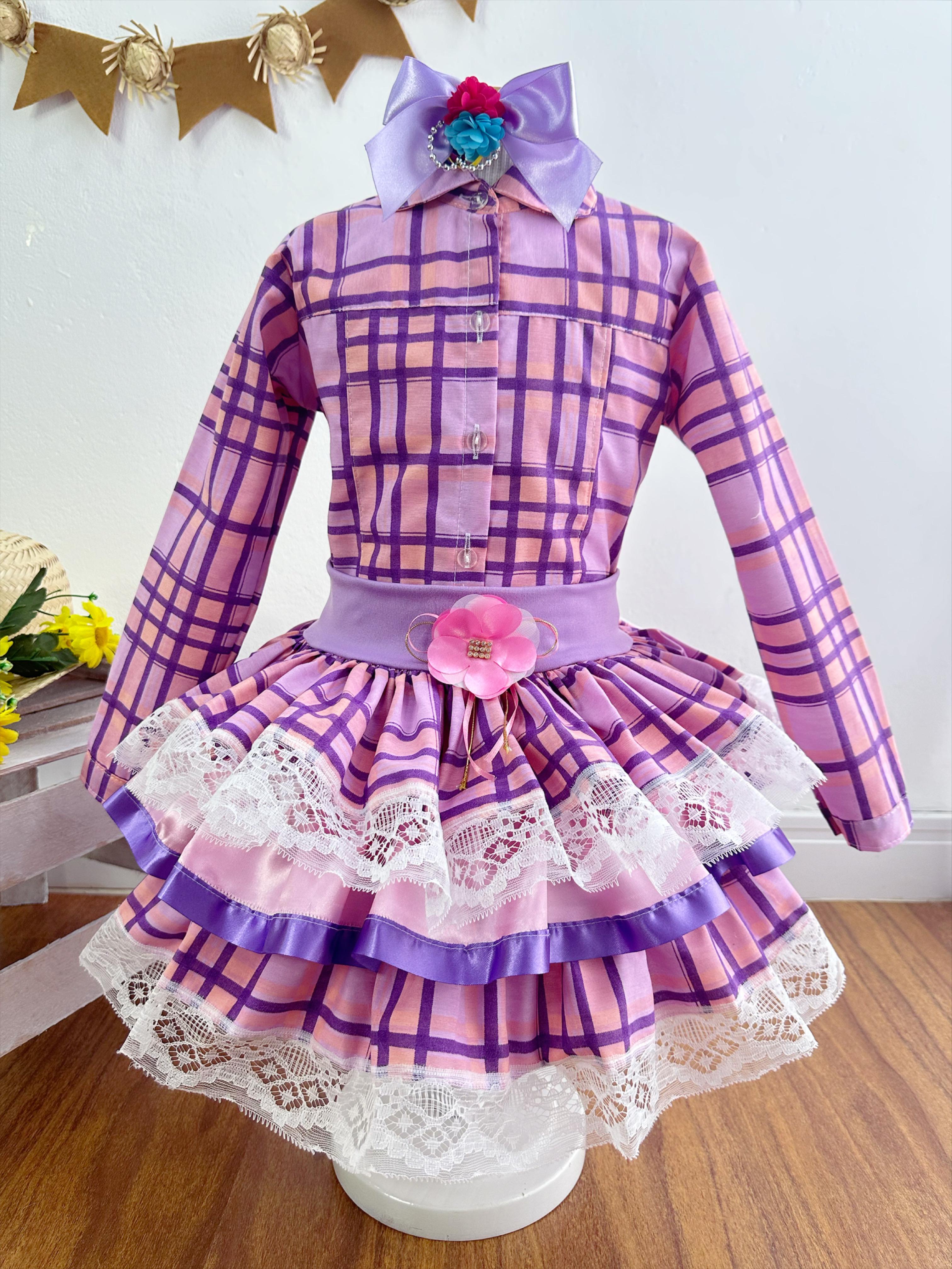 Conjunto Meninas Junino Camisa Lilás Com Saia Xadrez