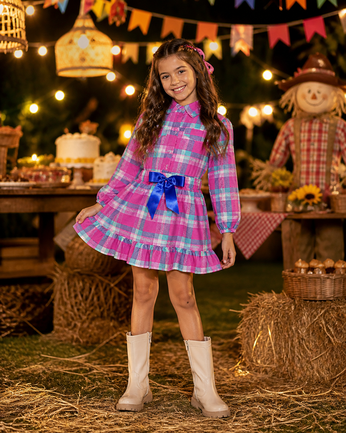 Conjunto Meninas Junino Camisa Rosa Com Mini Saia Xadrez