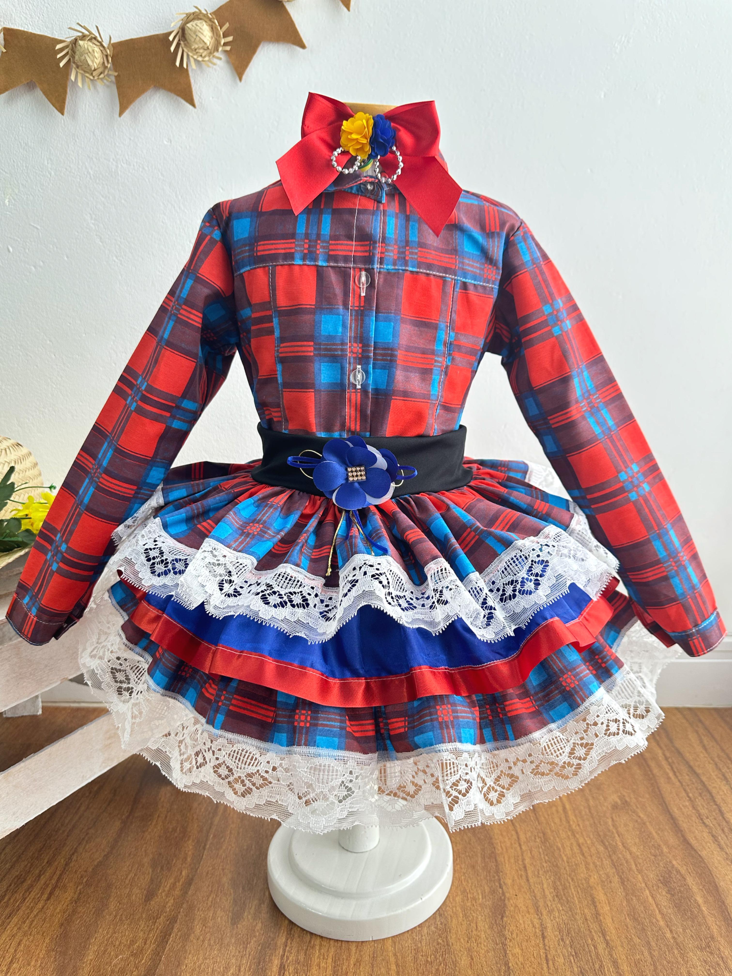Conjunto Meninas Junino Camisa Vermelha Com Saia Xadrez