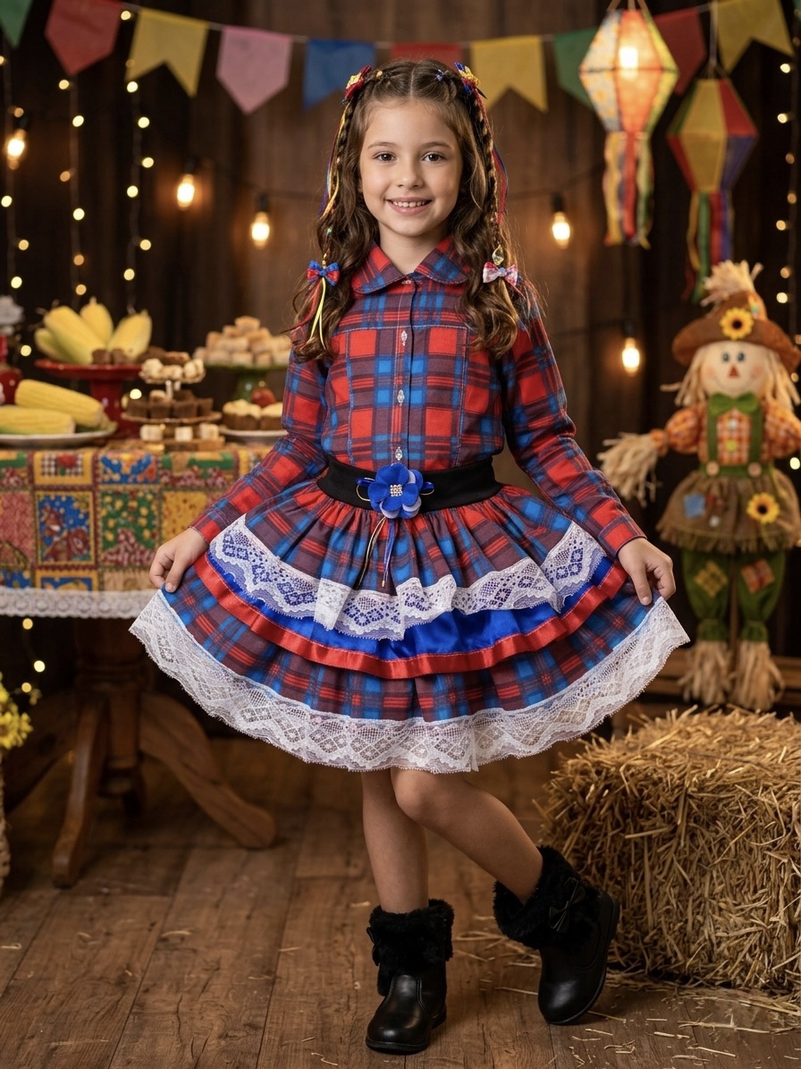 Conjunto Meninas Junino Camisa Vermelha Com Saia Xadrez