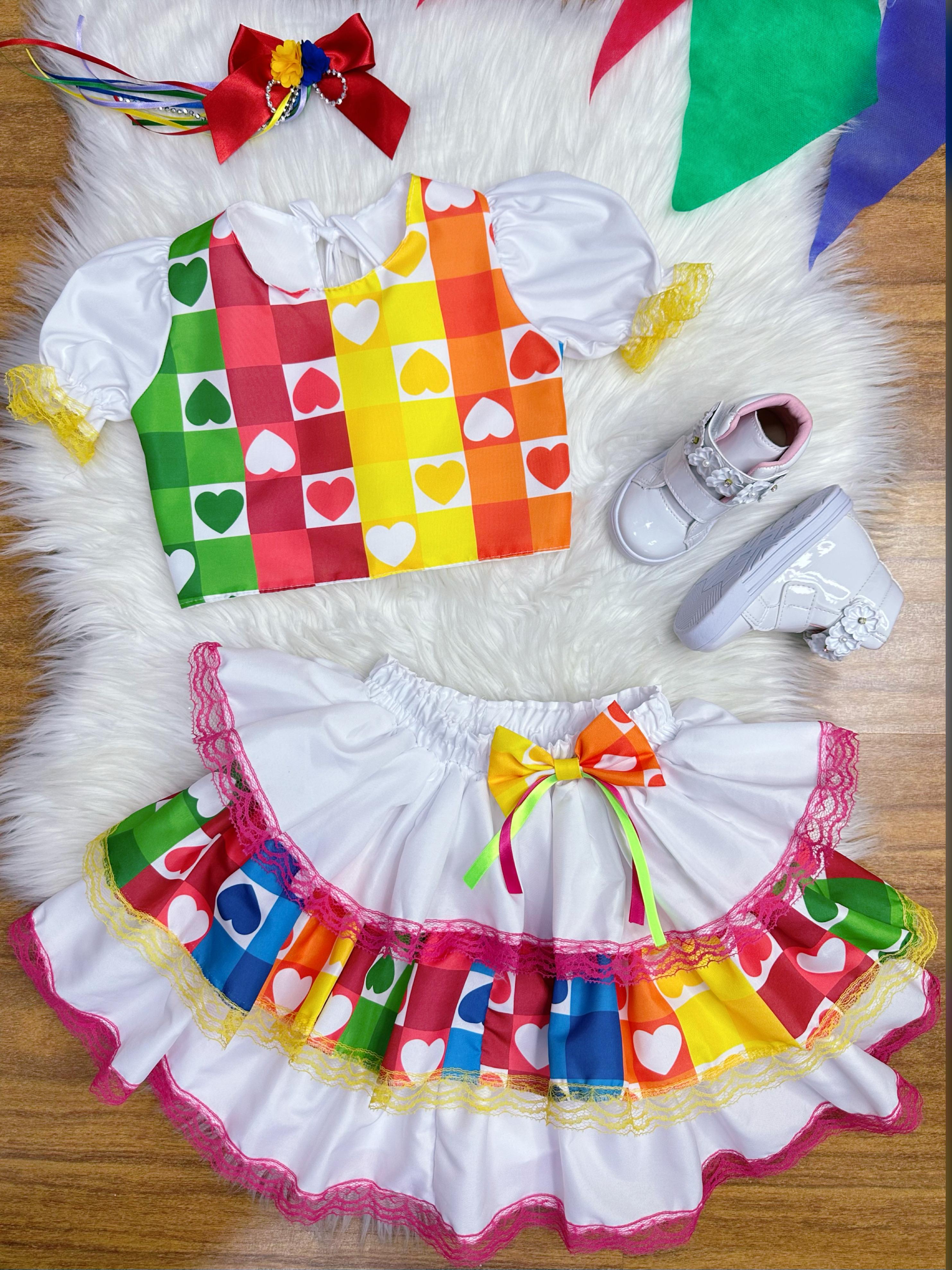 Conjunto Meninas Junino Cropped Colorido Branco C/ Mini Saia