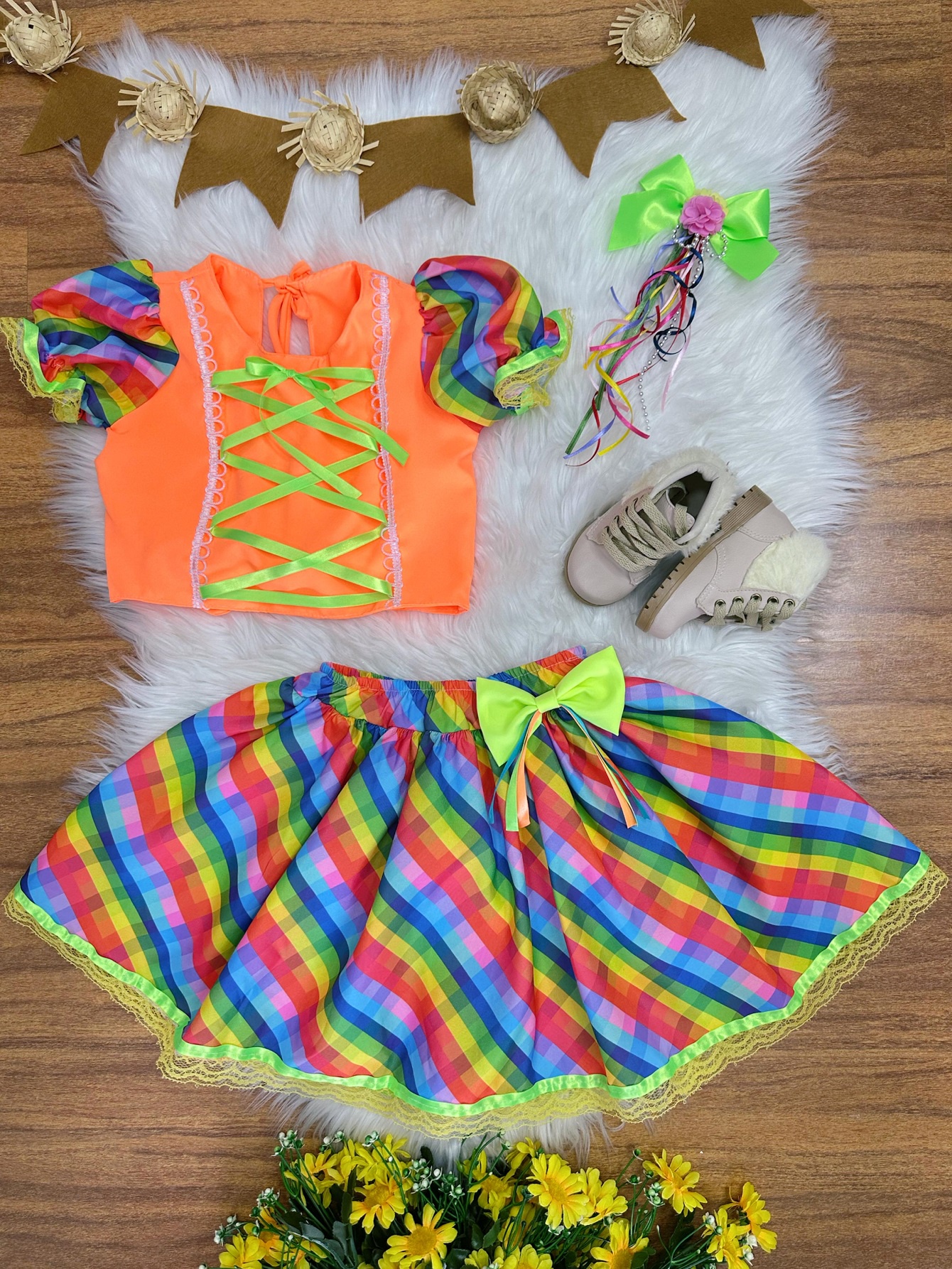 Conjunto Meninas Junino Cropped Laranja C/ Mini Saia Colorida