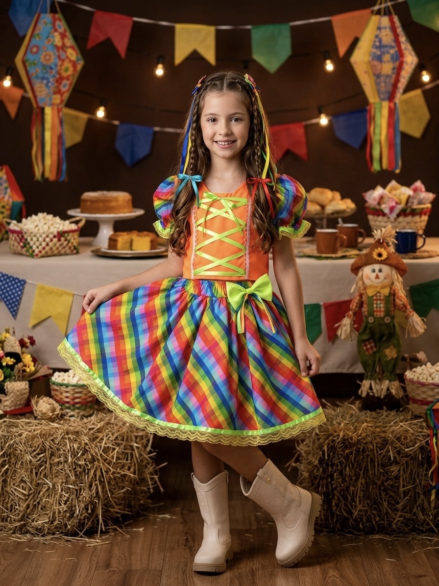 Conjunto Meninas Junino Cropped Laranja C/ Mini Saia Colorida