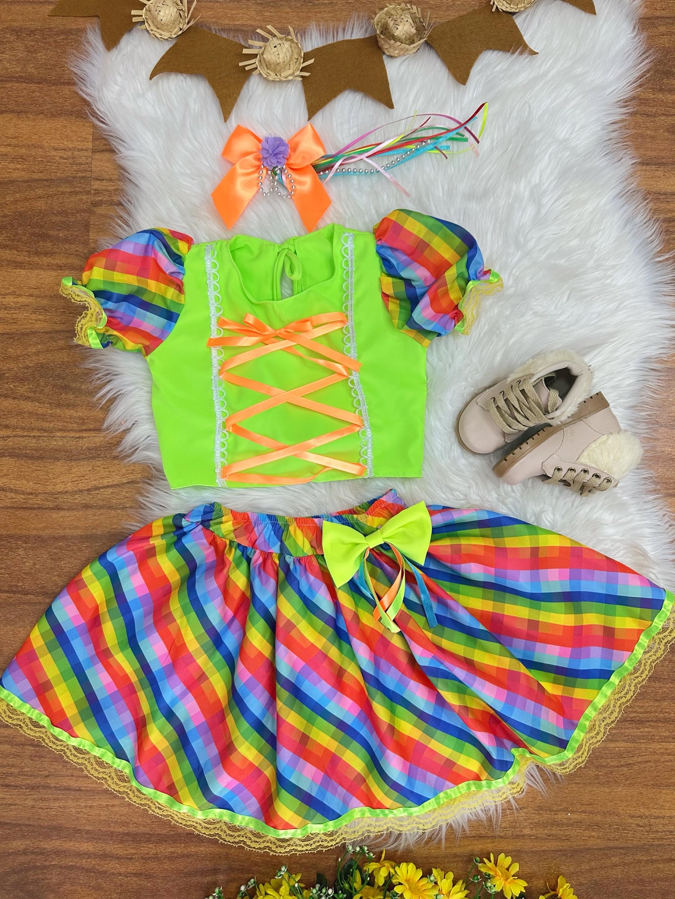 Conjunto Meninas Junino Cropped Verde C/ Mini Saia Colorida