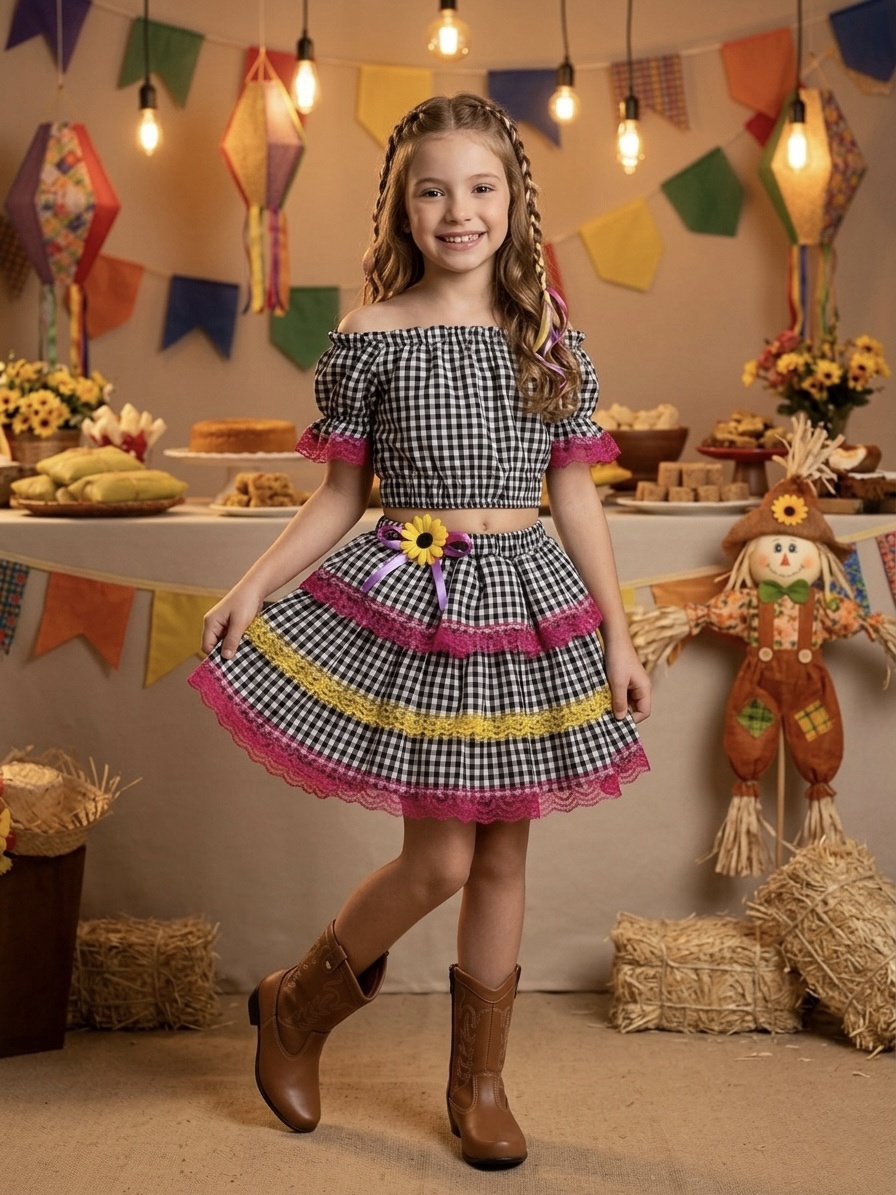 Conjunto Meninas Junino Preto Xadrez Cropped C/ Mini Saia
