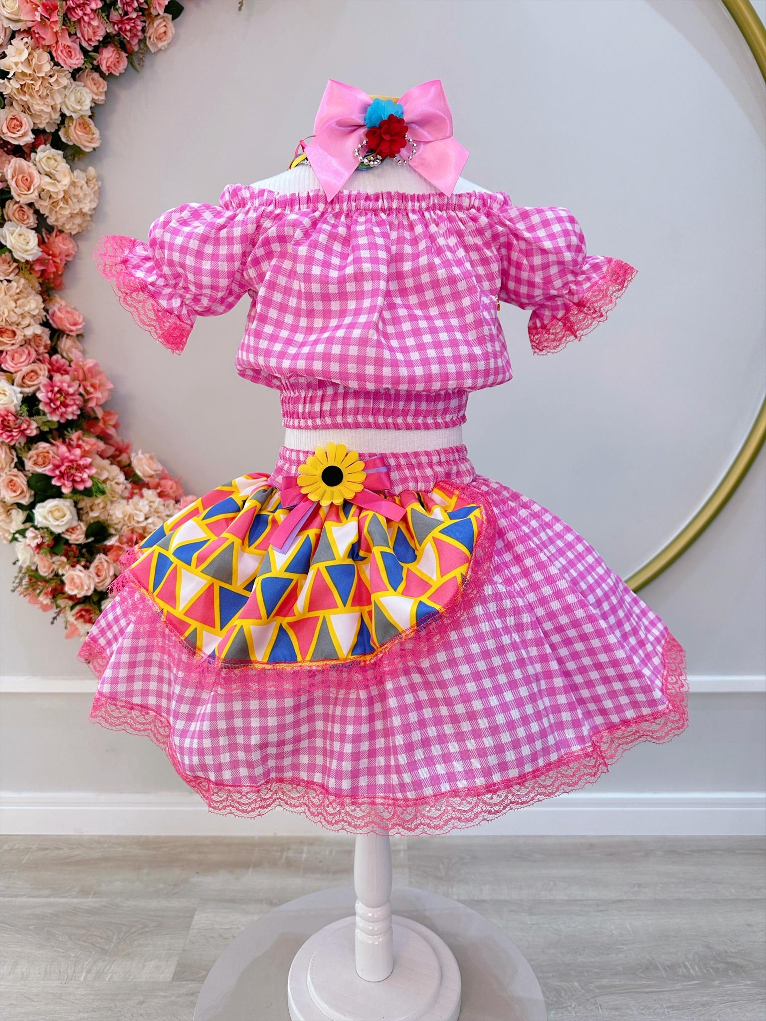 Conjunto Meninas Junino Rosa Cropped Com Saia Xadrez
