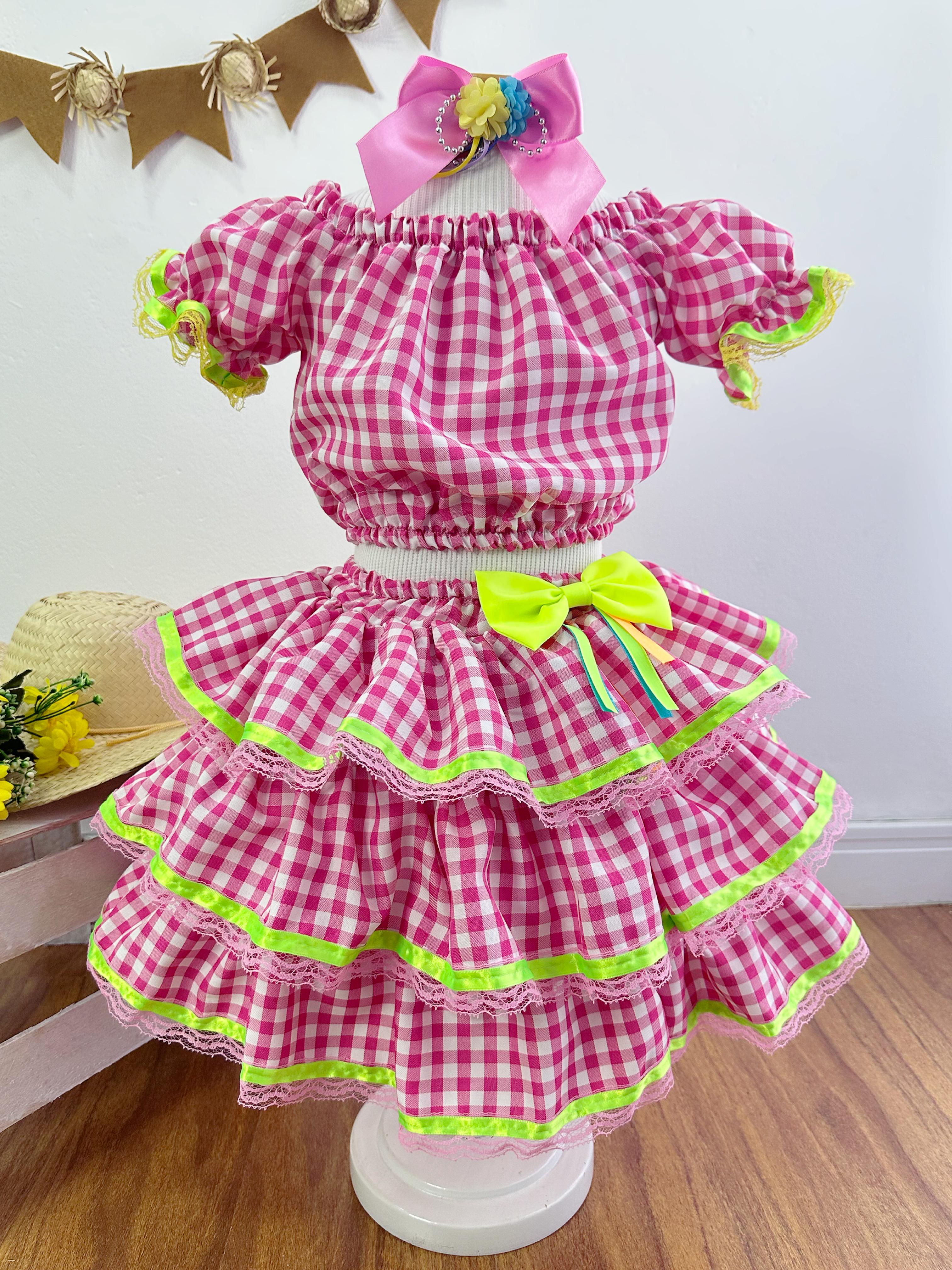 Conjunto Meninas Junino Rosa Xadrez Cropped Com Saia Luxo