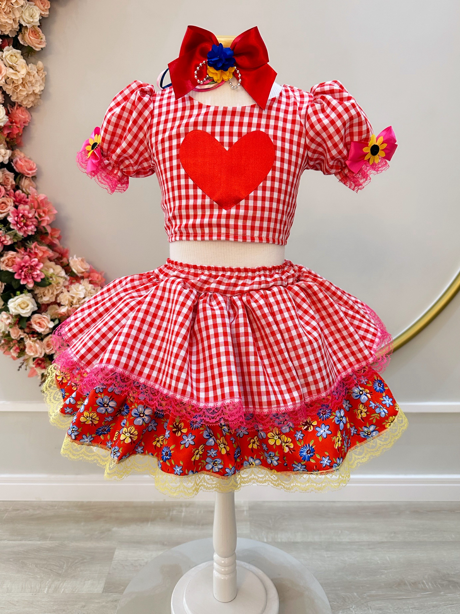 Conjunto Meninas Junino Xadrez Vermelho Cropped Com Saia