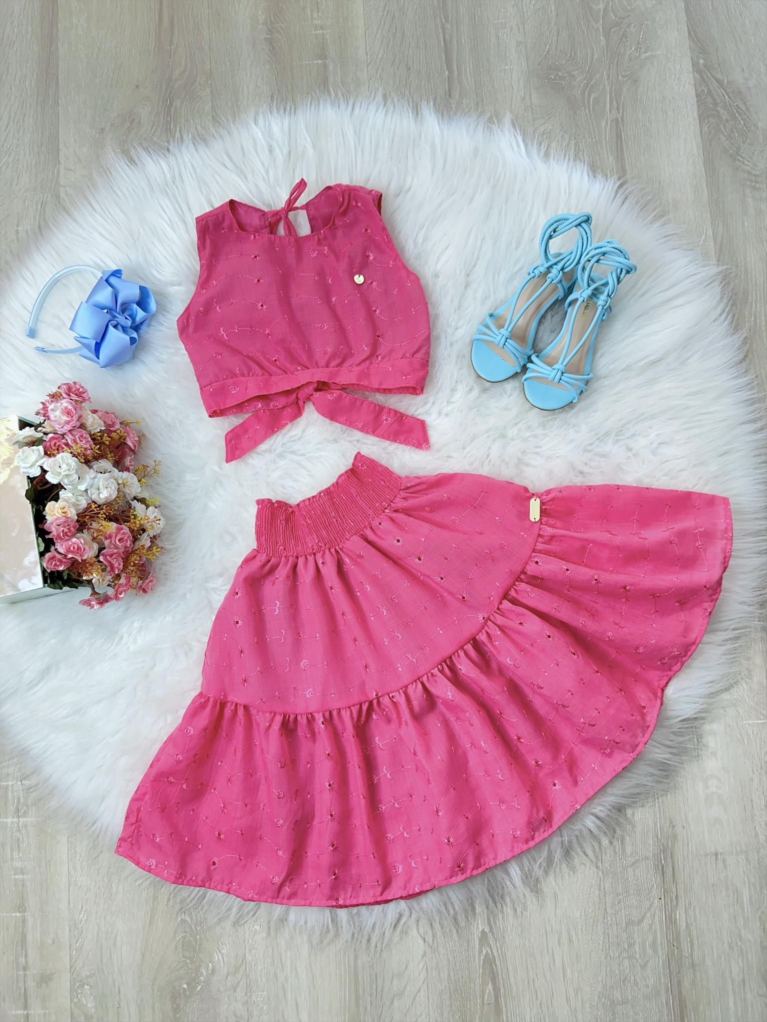 Conjunto Meninas Pink Cropped e Saia Midi Lese Casual Luxo