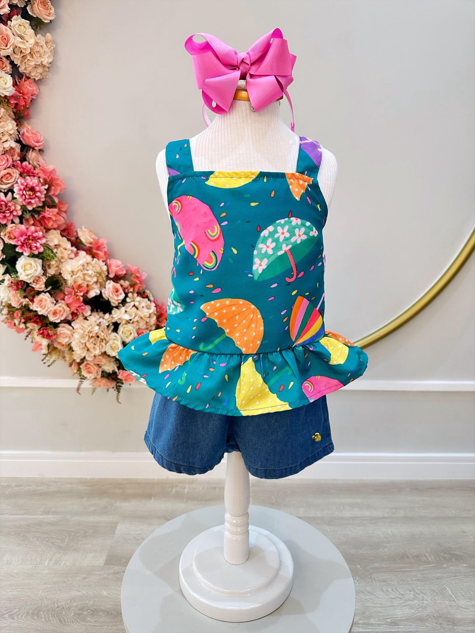 Conjunto Meninas Verde Colorido C/ Short Jeans e Pulseira Casual