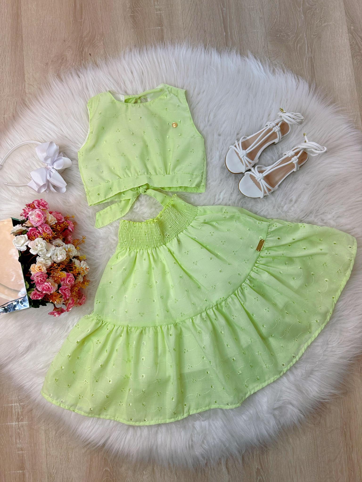 Conjunto Meninas Verde Lima Cropped e Saia Midi Lese Casual Luxo