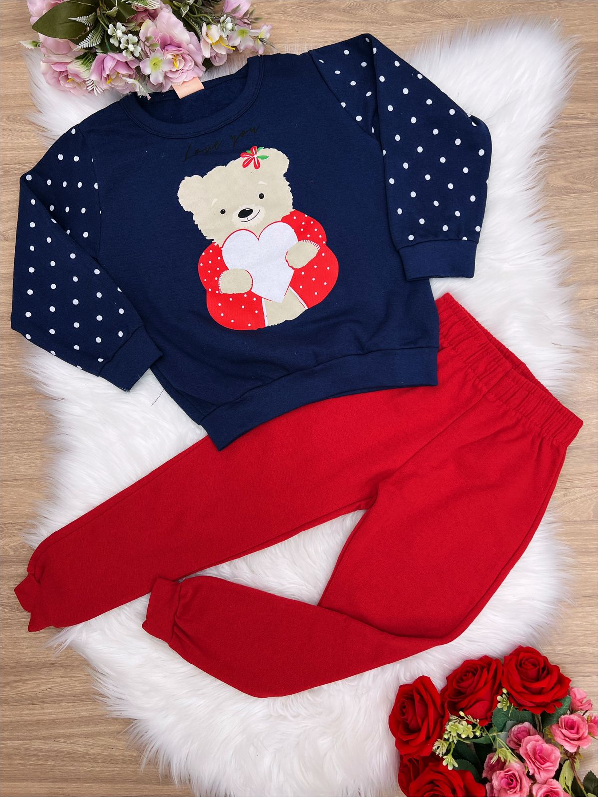 Conjunto Moletom Azul Marinho C/ Calça Vermelha Urso