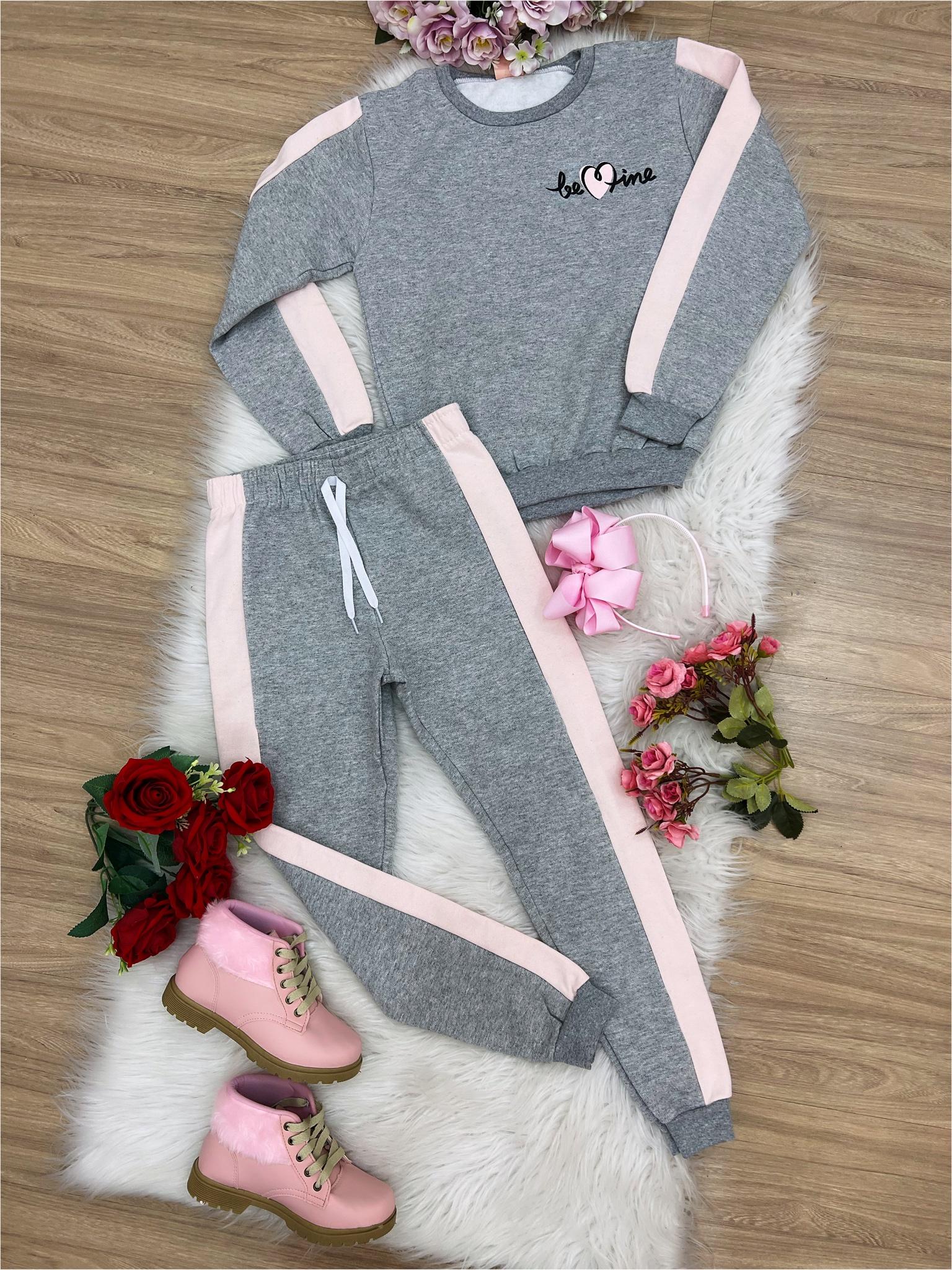 Conjunto Moletom C/ Calça Cinza Faixa Rosa Be Mine