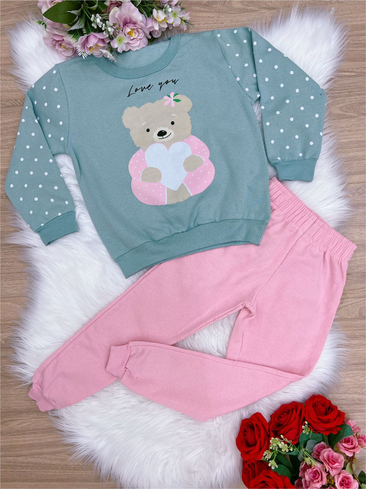 Conjunto Moletom Verde C/ Calça Rosa Urso
