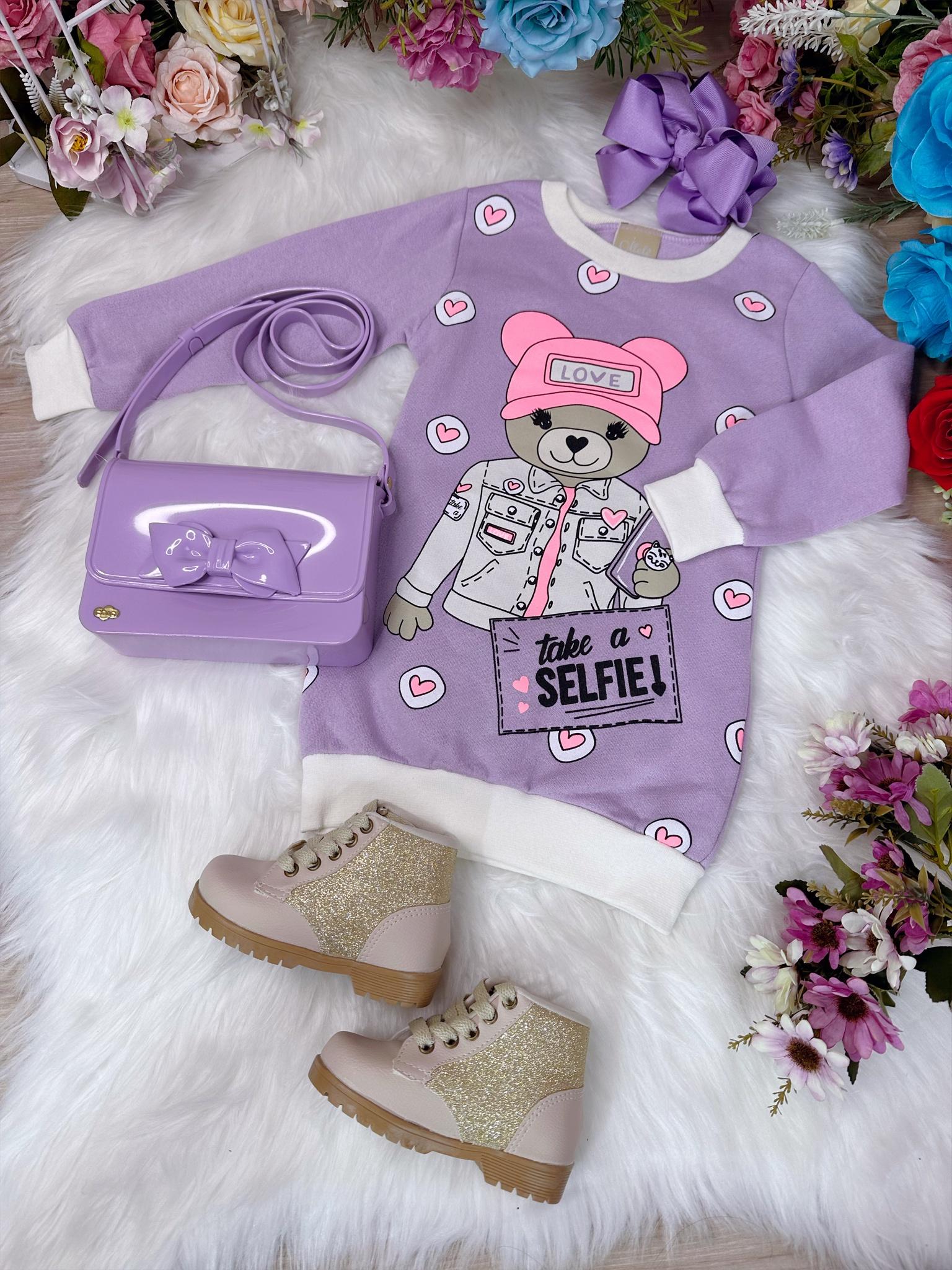Vestido de Moletom Flanelado Lilás Ursinho Love