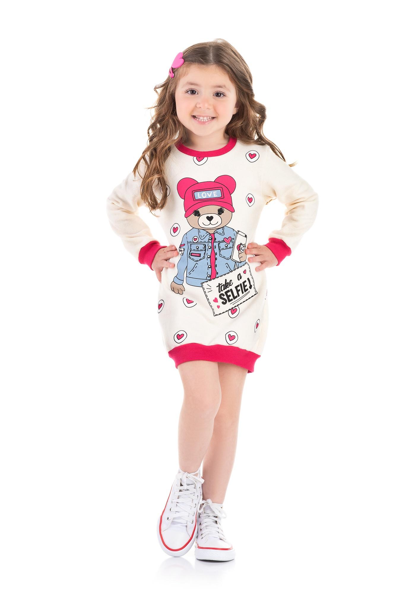 Vestido de Moletom Flanelado Off White Ursinho Love
