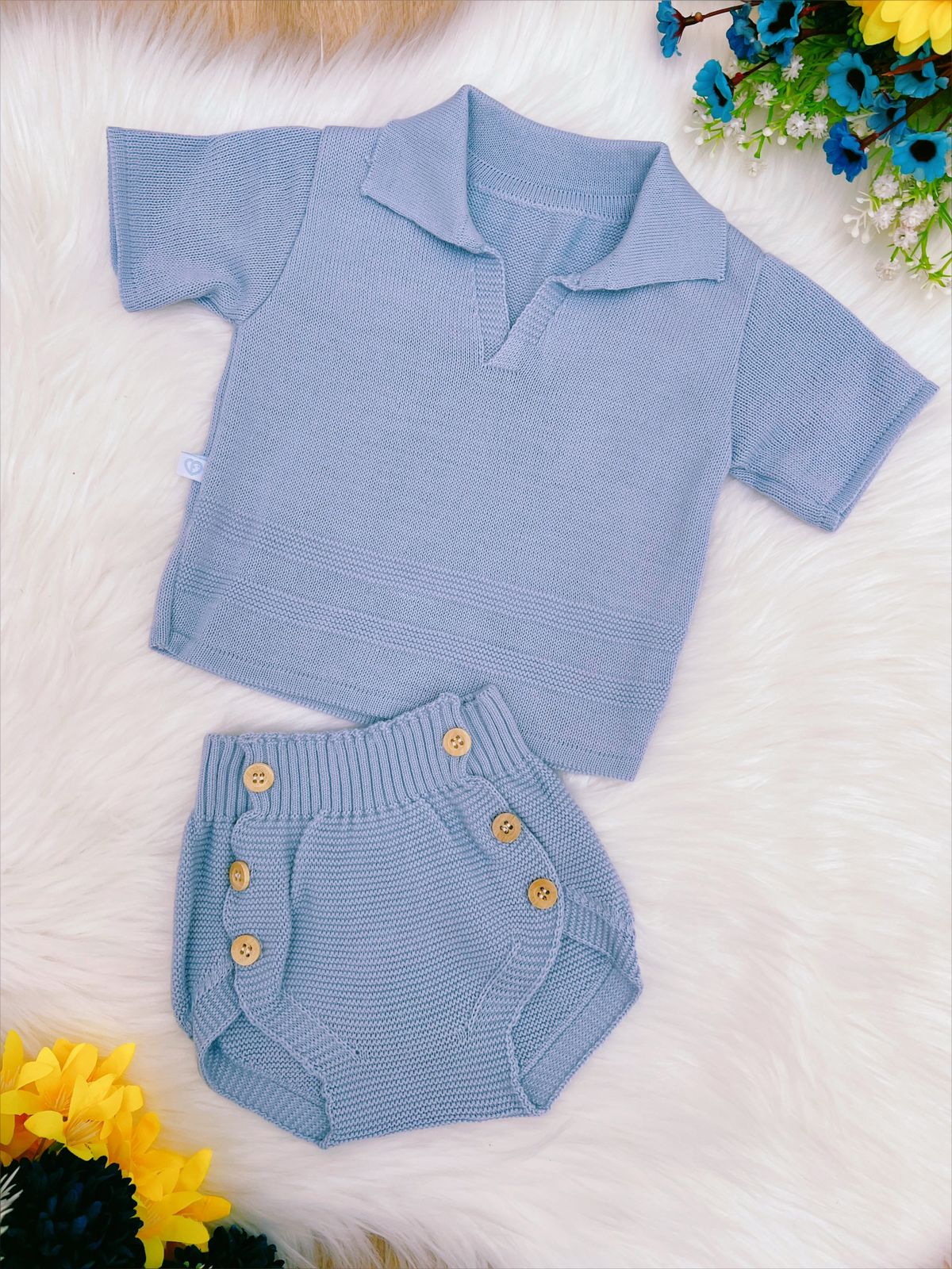 Conjunto Baby Camisa e Tapa Fralda Tricot Meninos Azul
