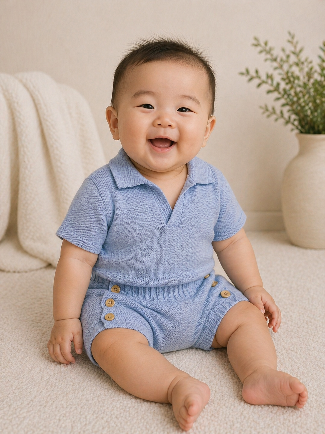 Conjunto Baby Camisa e Tapa Fralda Tricot Meninos Azul