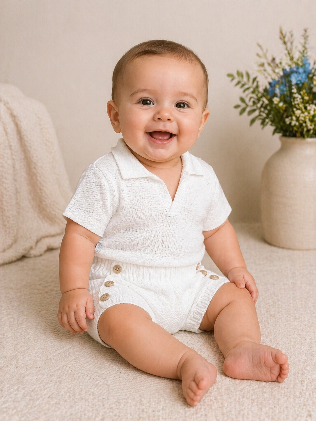Conjunto Baby Camisa e Tapa Fralda Tricot Meninos Marfim