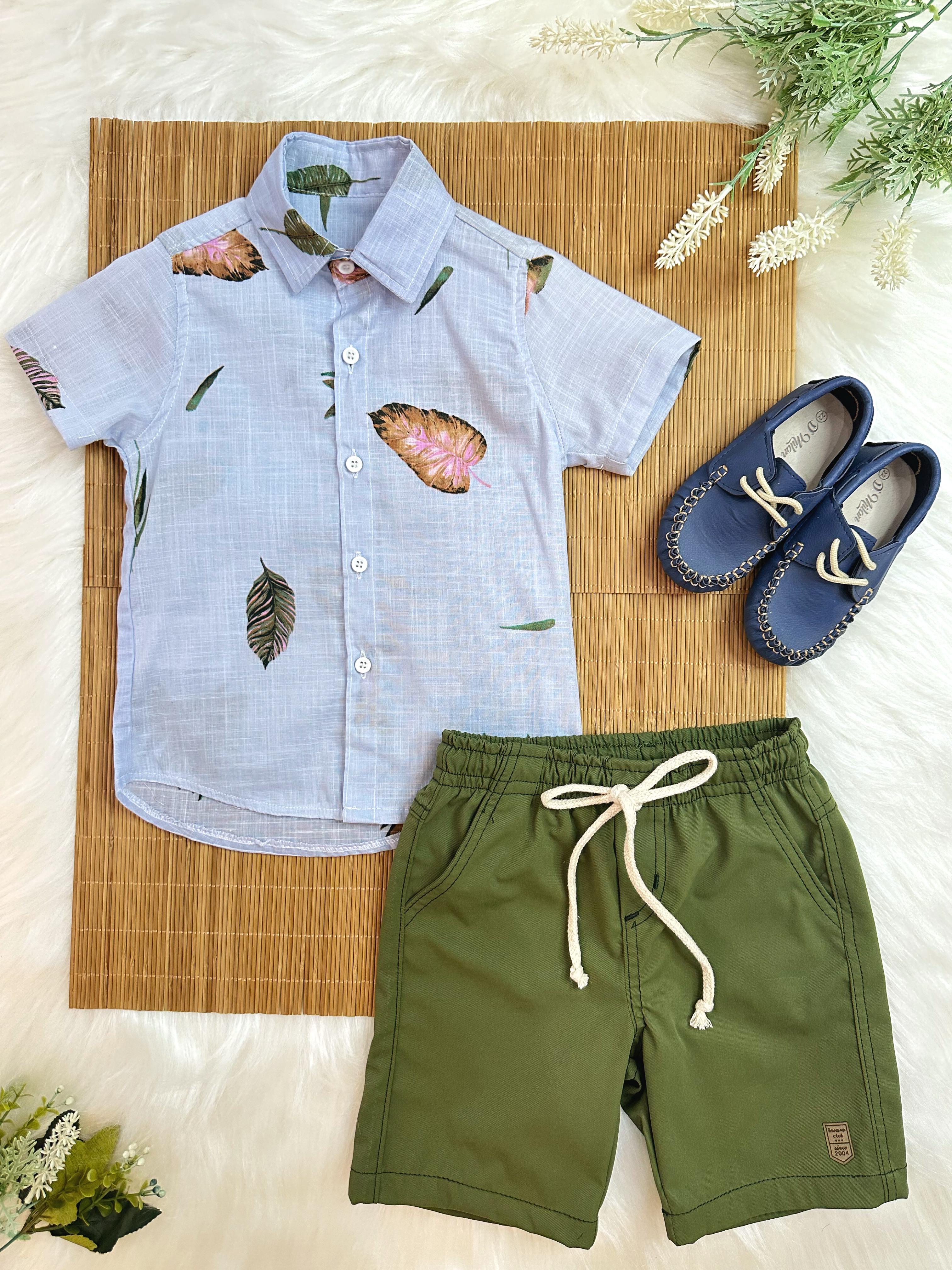 Conjunto Camisa Azul Com Bermuda Verde Musgo de Cordão