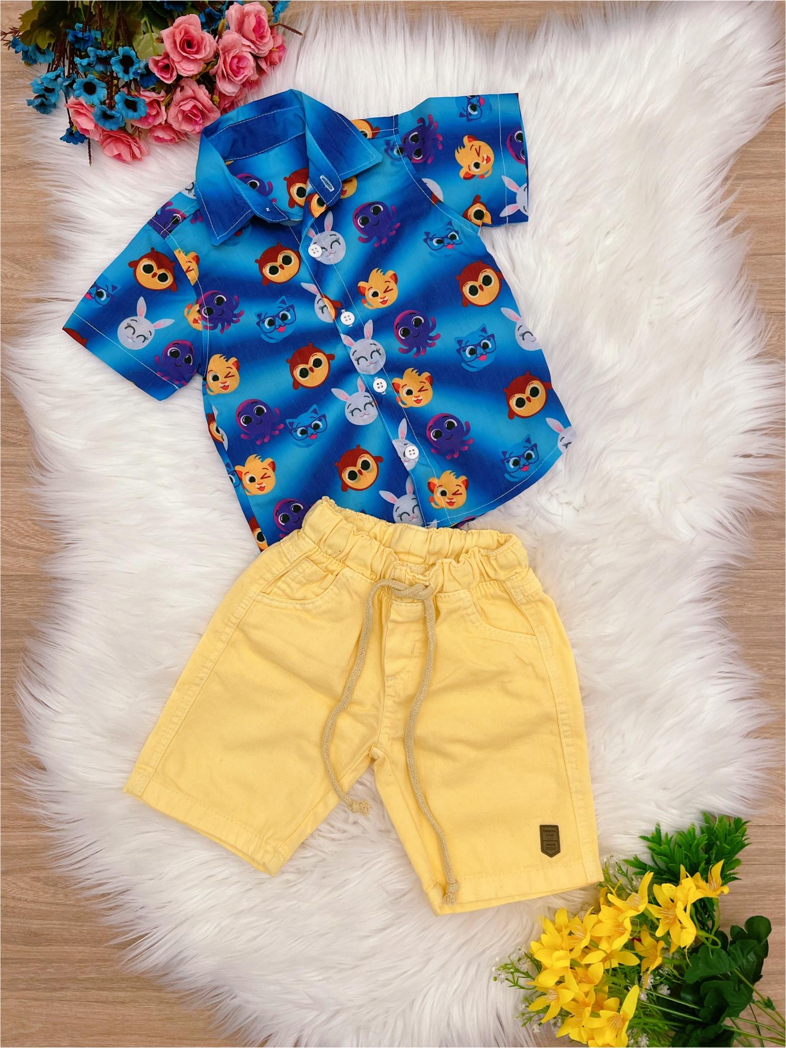 Conjunto Infantil Camisa Azul Bolofofos Shorts Amarelo
