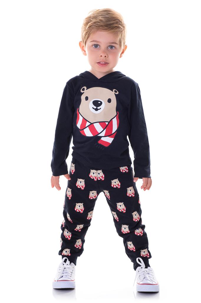 Conjunto Infantil Camiseta malha Capuz e Calça Preta Ursinho