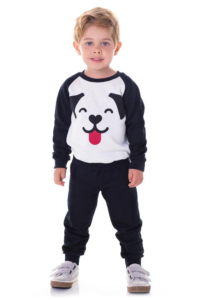 Conjunto Infantil Moletom Calça Preto e Off Cachorrinho