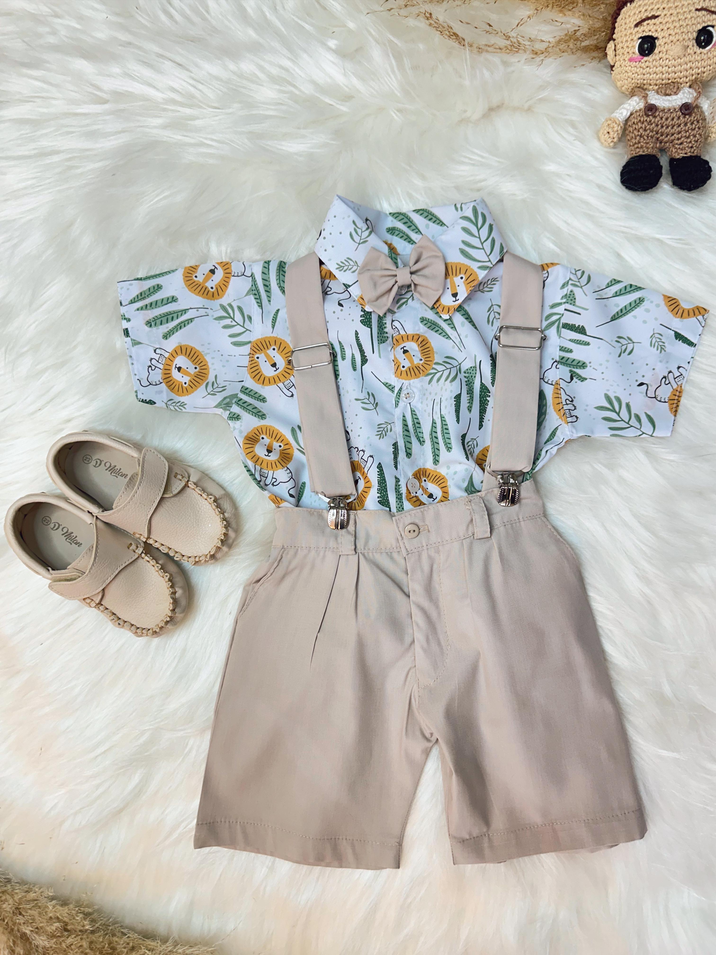 Conjunto Menino Safari Leão Bosque Short Suspensório Camisa