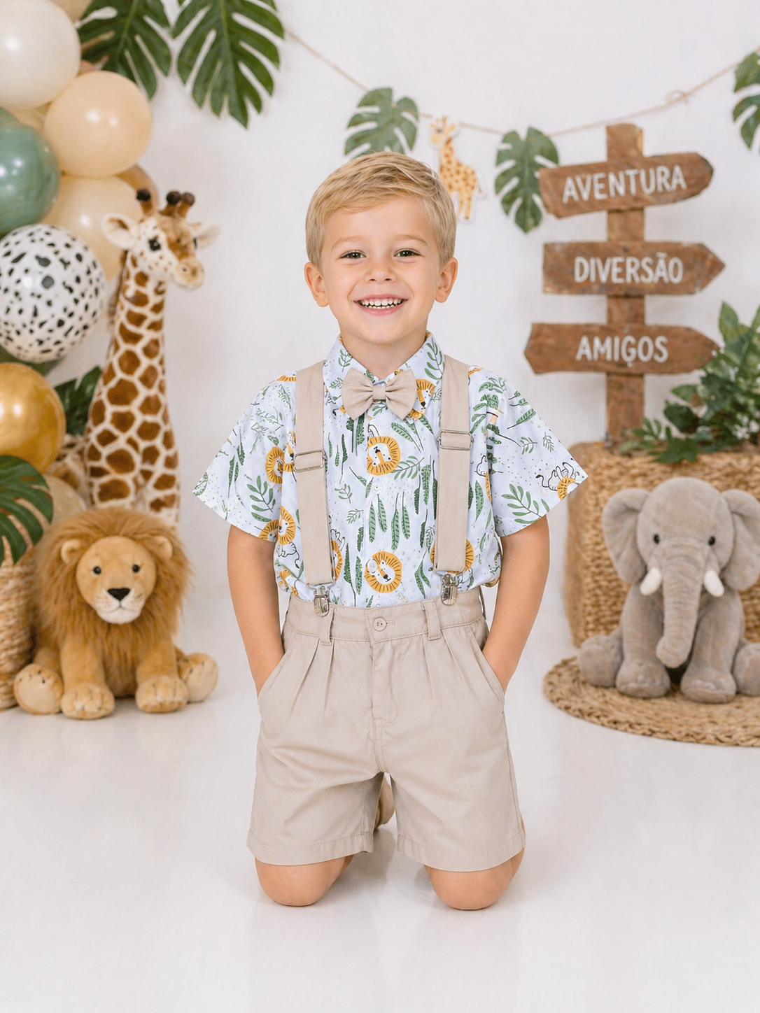 Conjunto Menino Safari Leão Bosque Short Suspensório Camisa