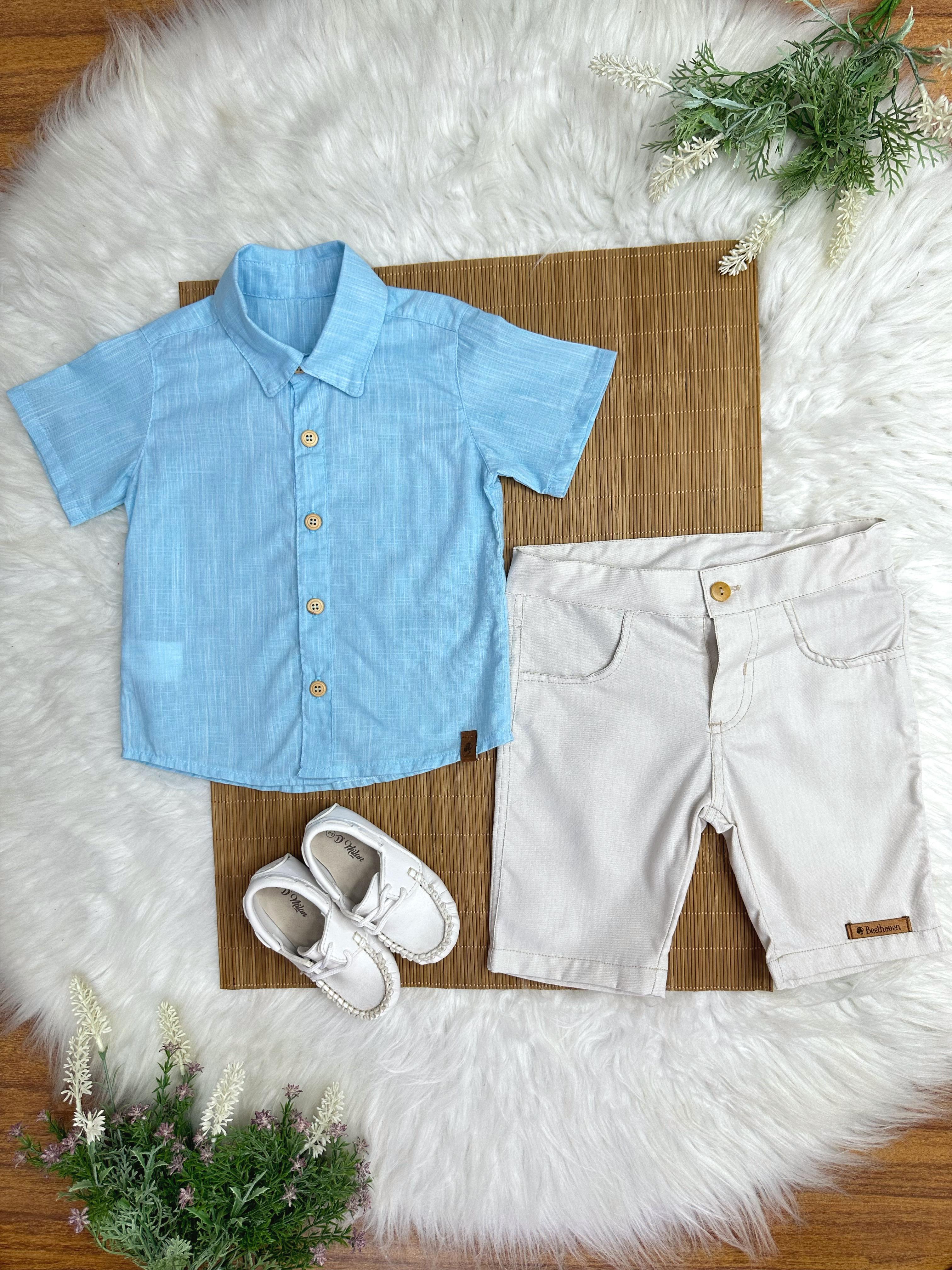 Conjunto Meninos Camisa Azul Mescla Bermuda Bege Casual